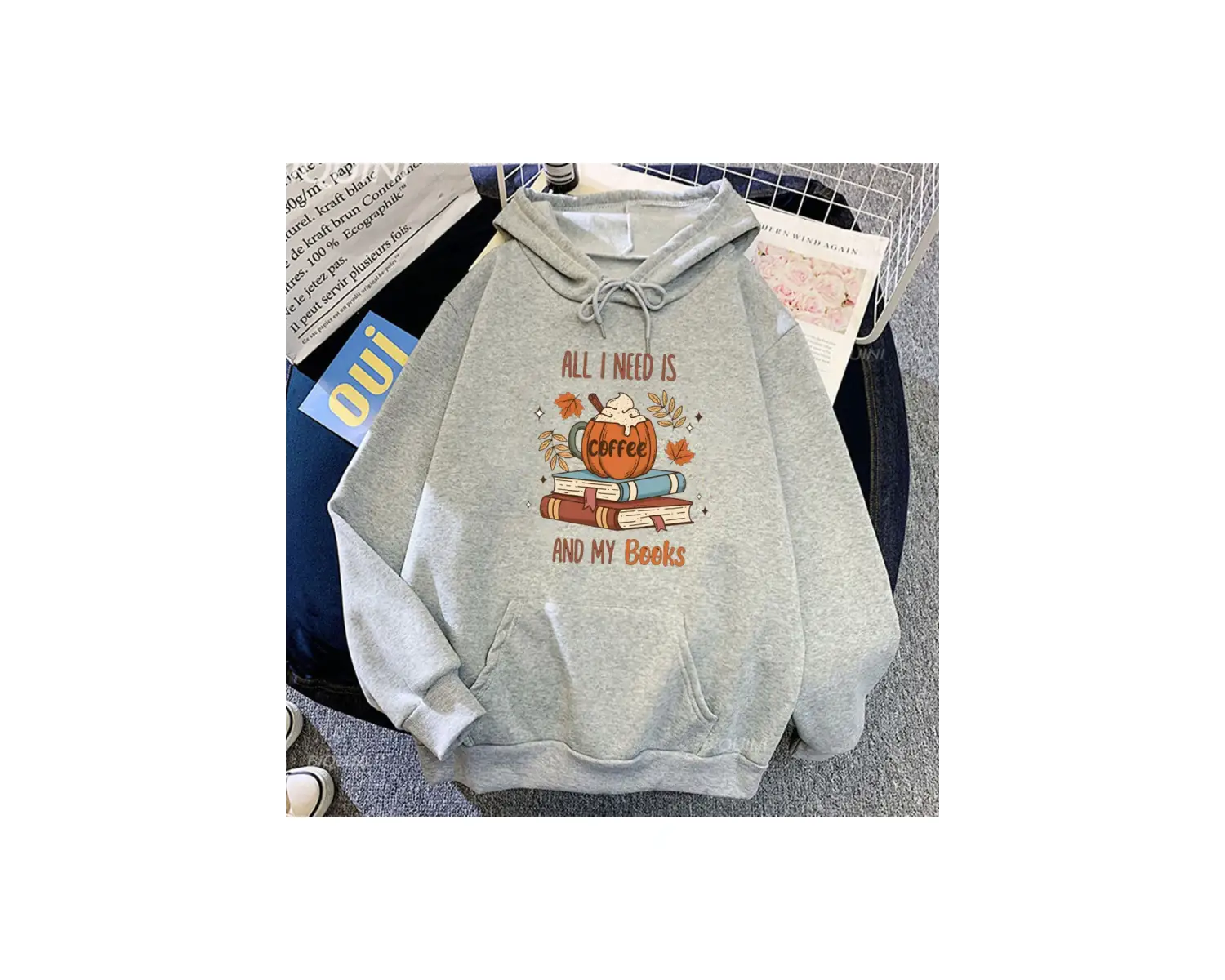 Beyaz Unisex Kahve ve kabak baharat baskılı kapüşonlu sonbahar boy rahat