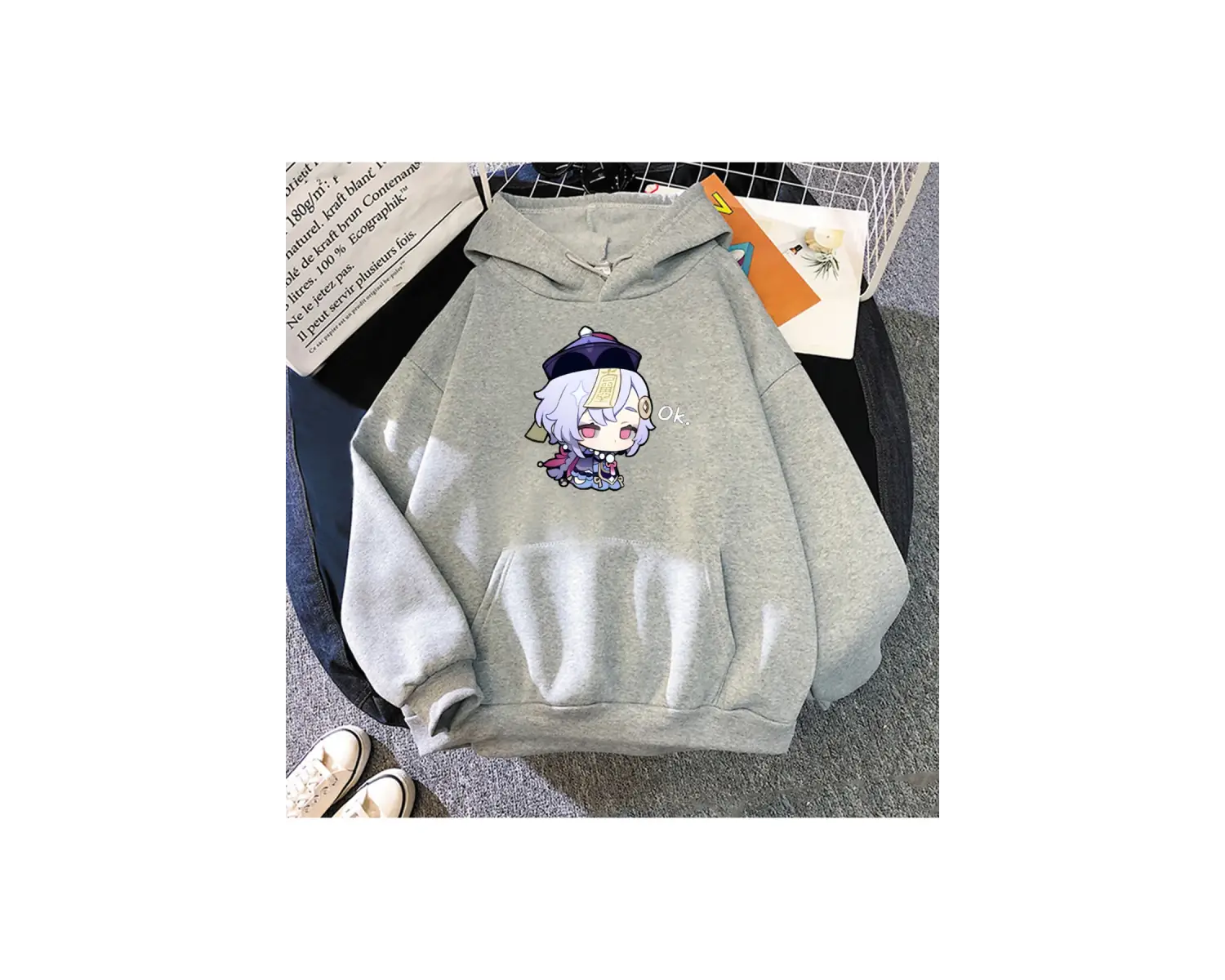 Beyaz Unisex Kawaii Genshin Etki Qiqi Kapüşonlular Anime Hoodie Grafik Streetwear