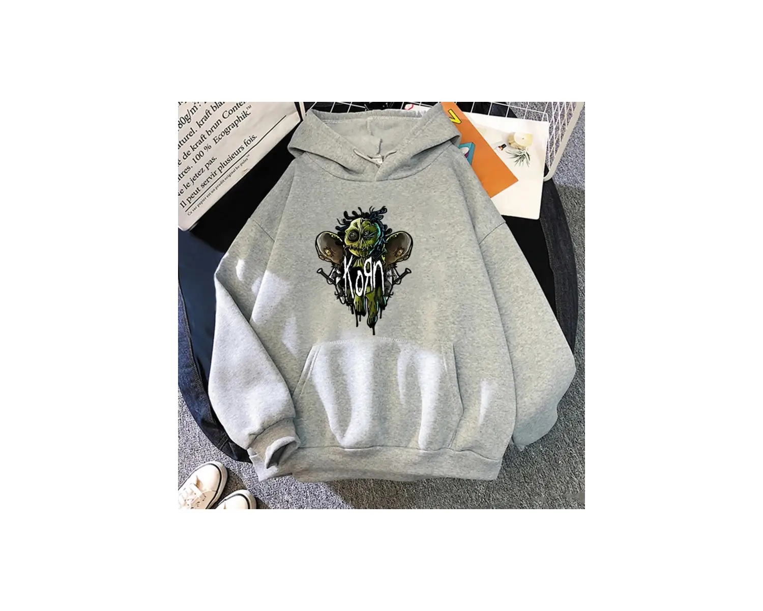 Beyaz Unisex Korn Band Ağır Zihinsel Grafik Kapüşonlular Düzenli Fit