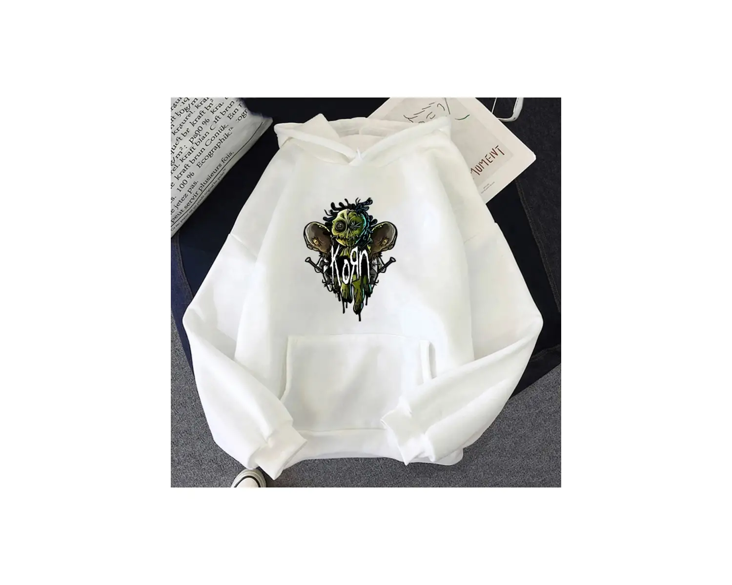 Beyaz Unisex Korn Band Ağır Zihinsel Grafik Kapüşonlular Düzenli Fit