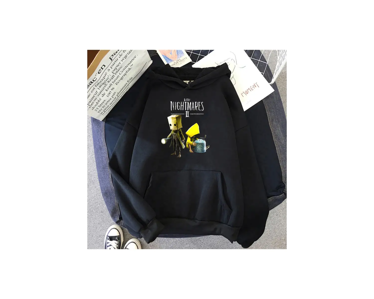 Beyaz Unisex Küçük Nightmares Hoodie baskı cep Streetwear korku macera oyun