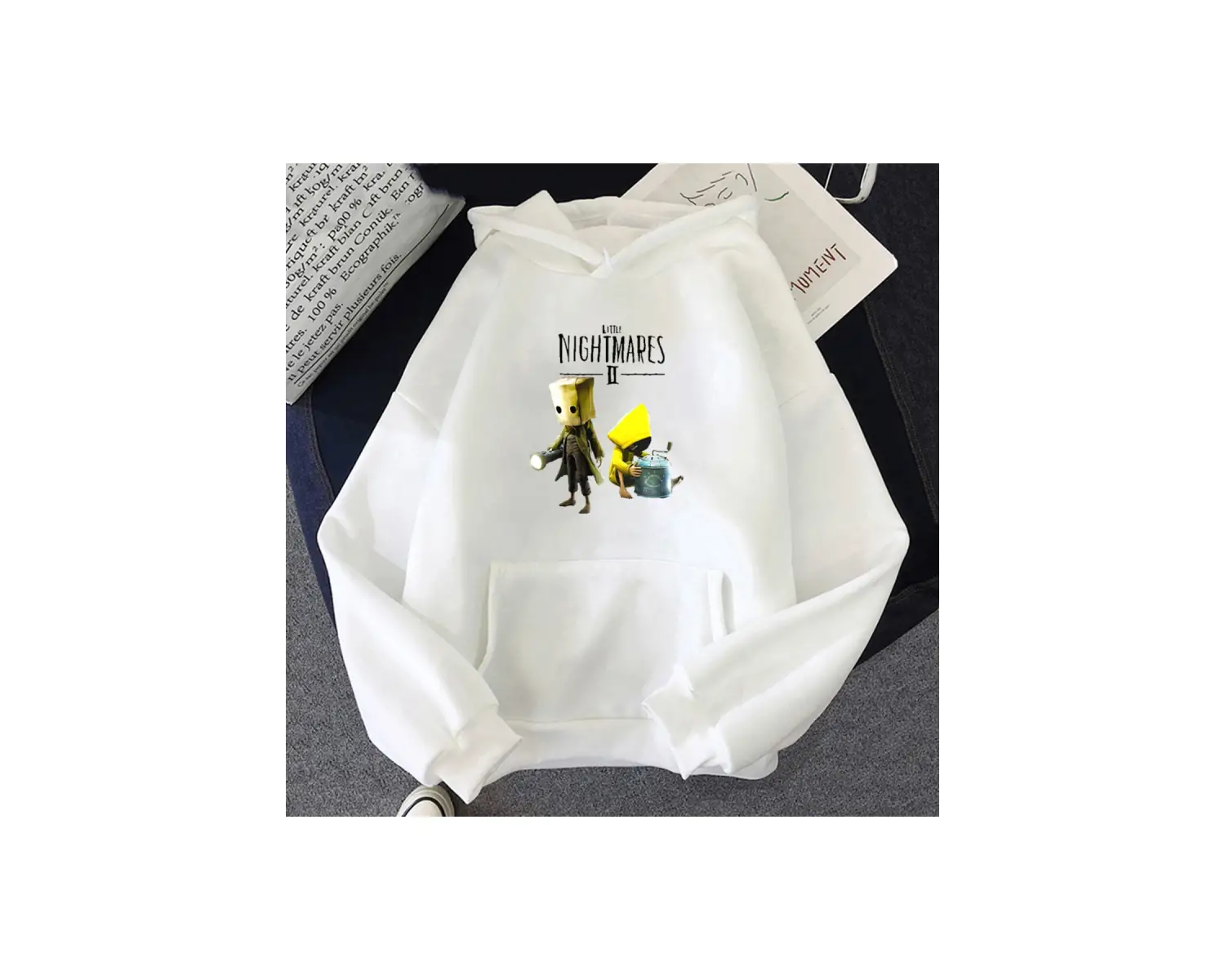 Beyaz Unisex Küçük Nightmares Hoodie baskı cep Streetwear korku macera oyun