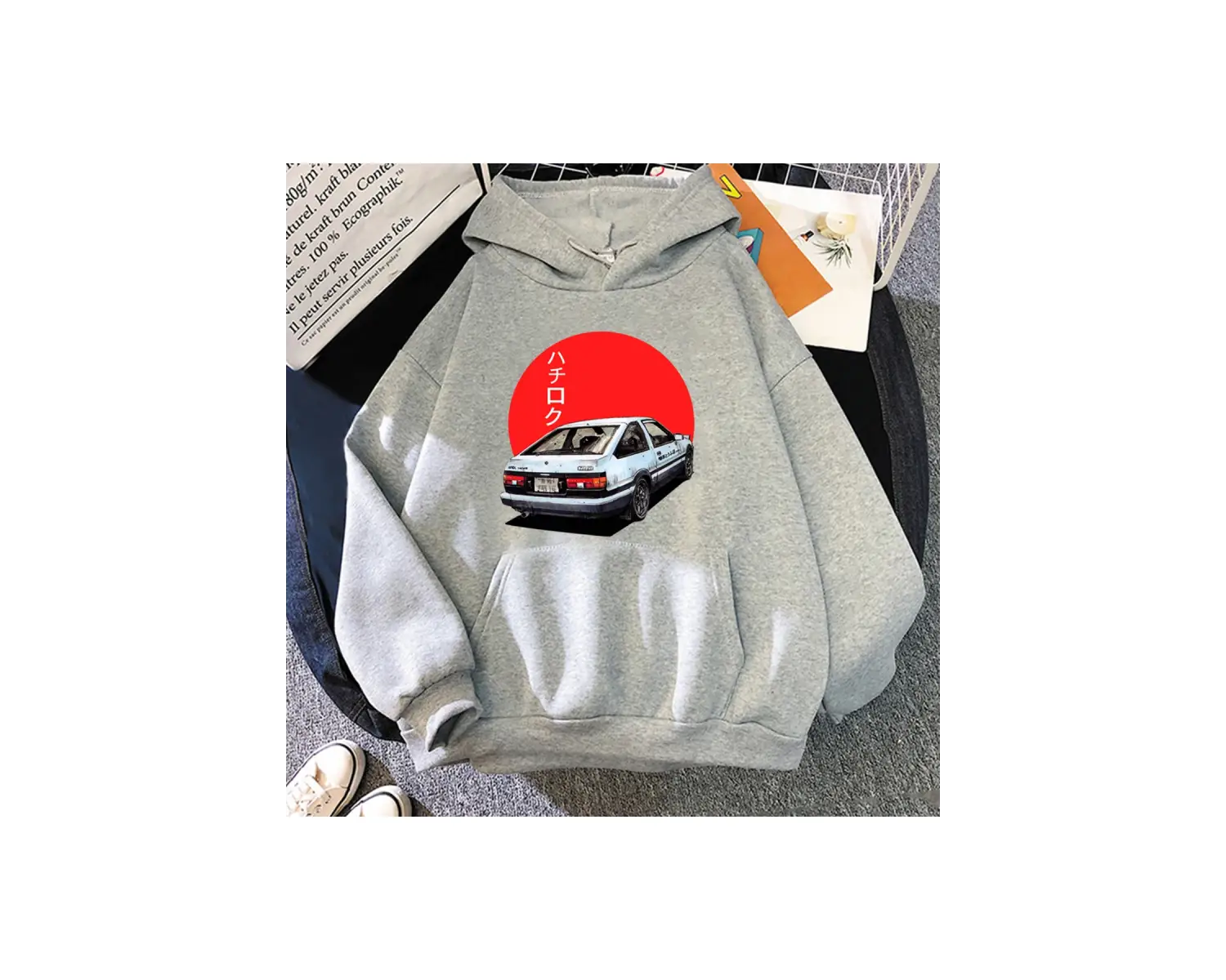 Beyaz Unisex Manga Hoodie AE86zak japon Harajuku Anime tişört