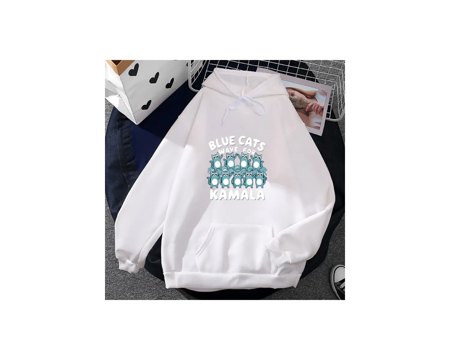 Beyaz Unisex Mavi kediler Kamala karikatür hoodie sevimli kapüşonlu Sweatshirt için sonbahargi