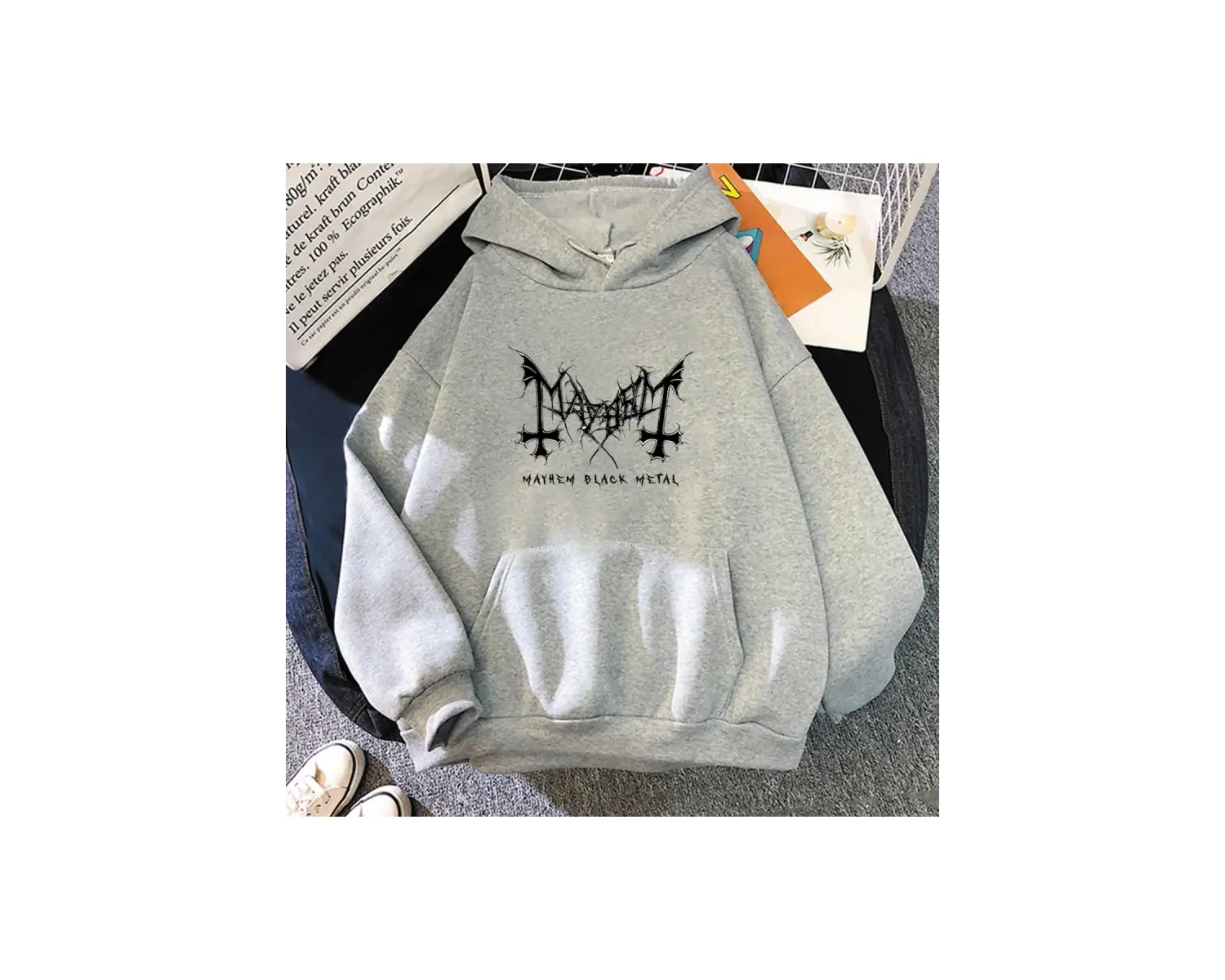 Beyaz Unisex Mayhem Deathcrush Kapüşonlular Punk Baskı ErkekModa Estetik Ağ