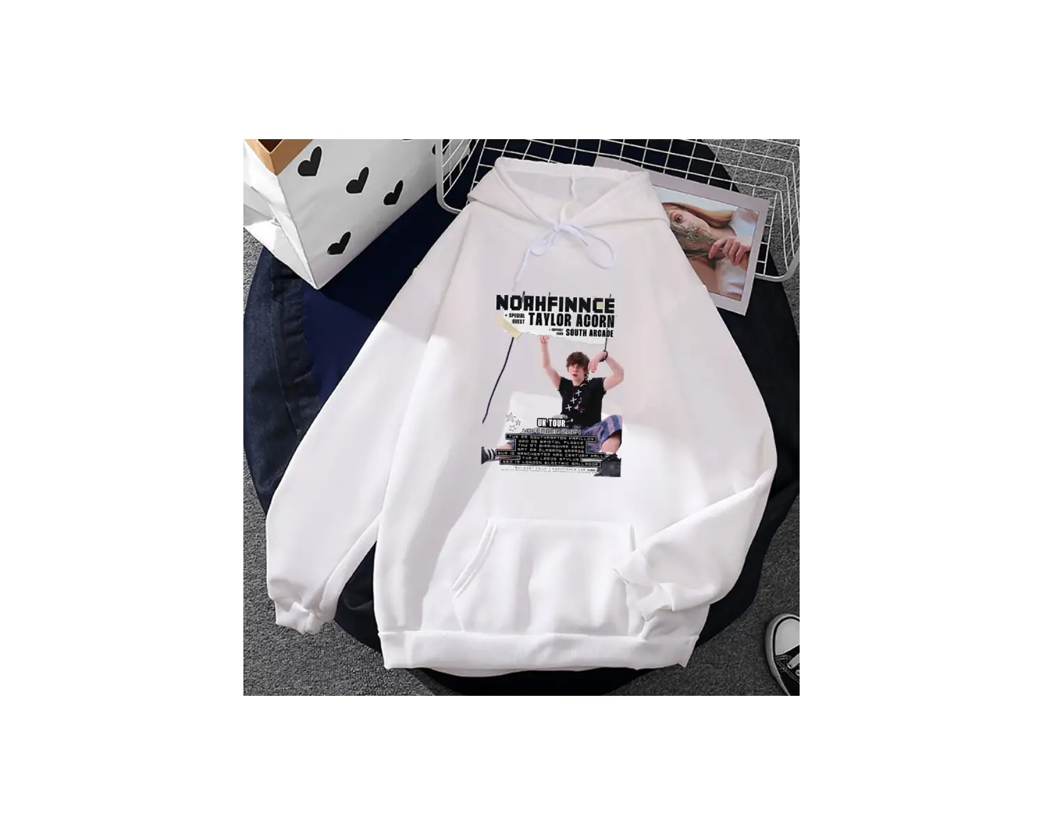 Beyaz Unisex Noahfinnce tur İngiltere Hoodiesekler kapüşonlu komik grafik