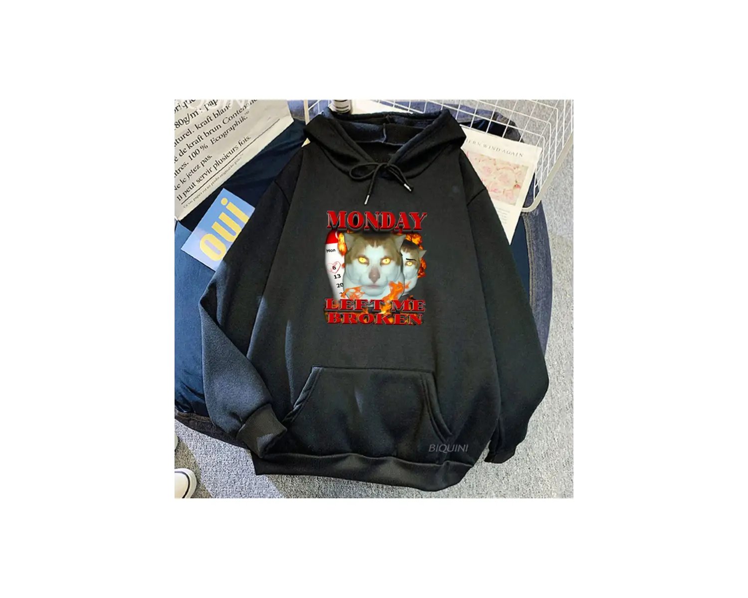 Beyaz Unisex Pazartesi sol bana kırık kedi Meme kapşonlu Streetwear Hip Hop rah