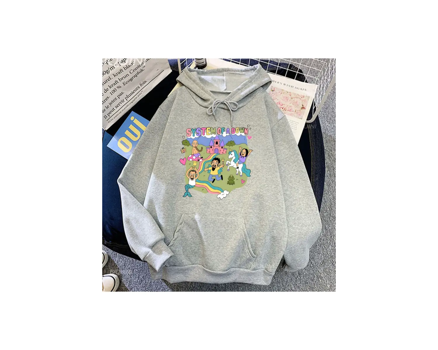 Beyaz Unisex Sistemi Aşağı Kapüşonlular Rahat Cep Rock Grubu Kawai