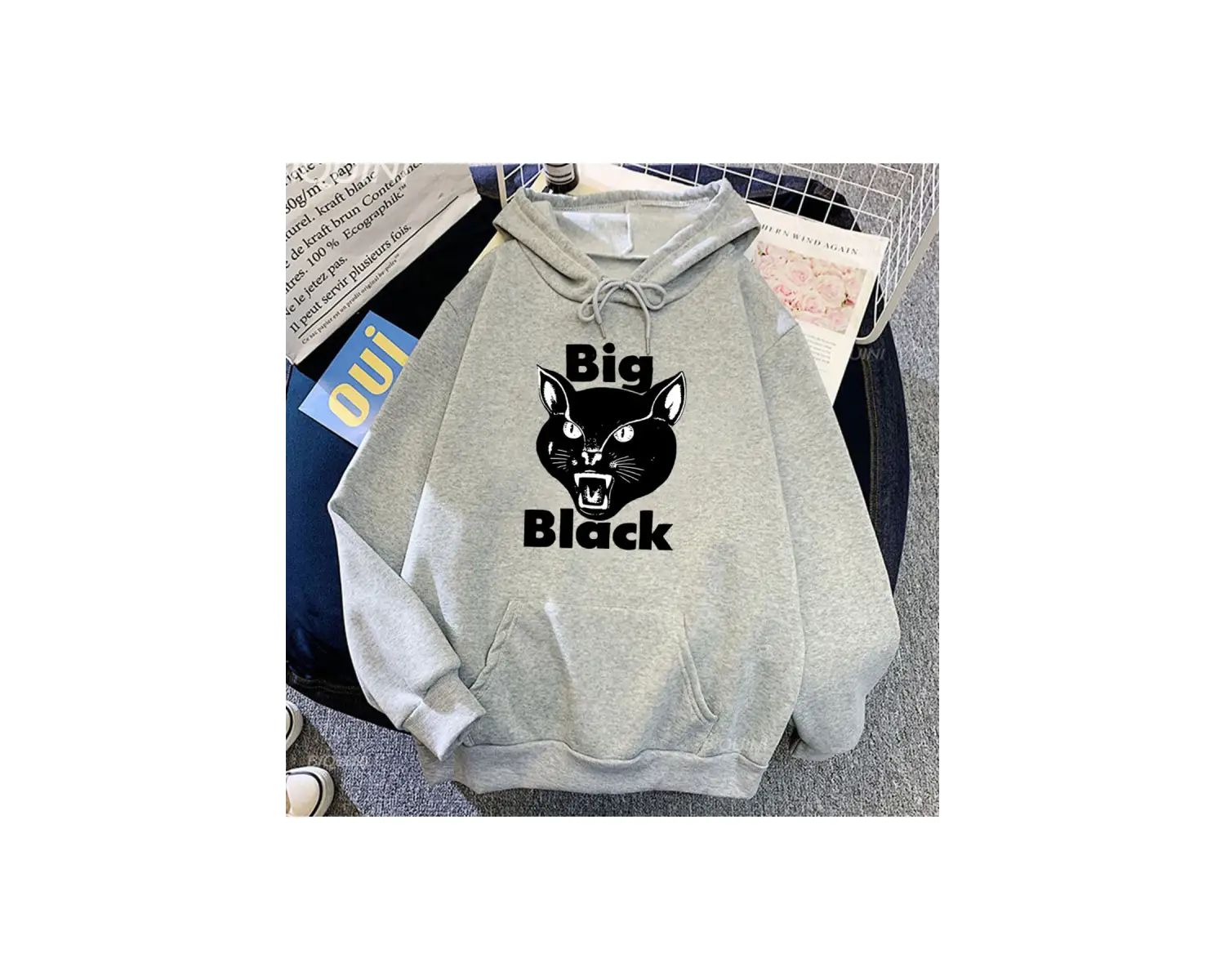 Beyaz Unisex siyah bant kedi grafik baskı ağır zihinsel moda stil kapşonlu