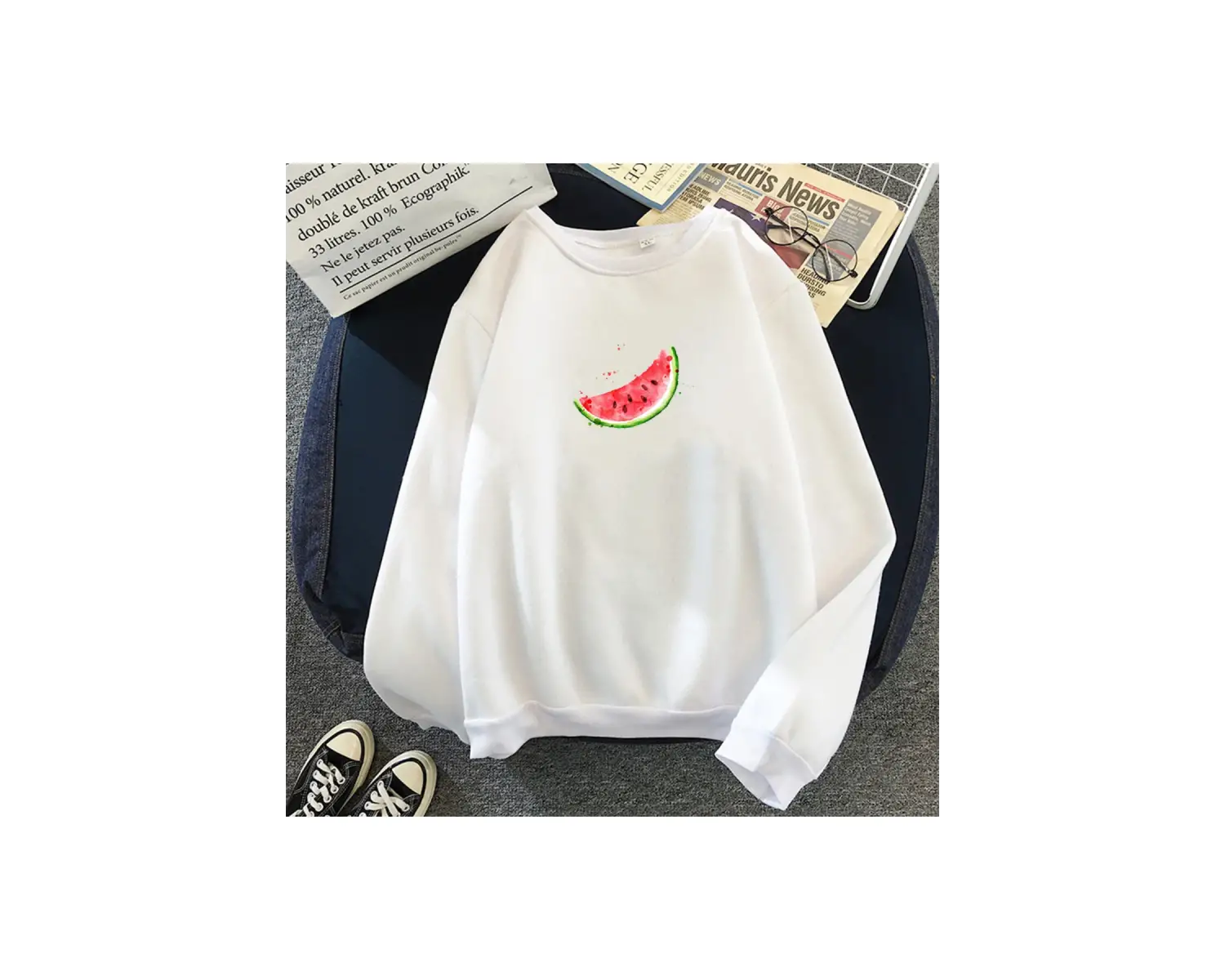 Beyaz Unisex Sonbahar Kapşonlu Karpuz Grafik Baskı Harajuku öğrenci Kawaii Beyaz Büy