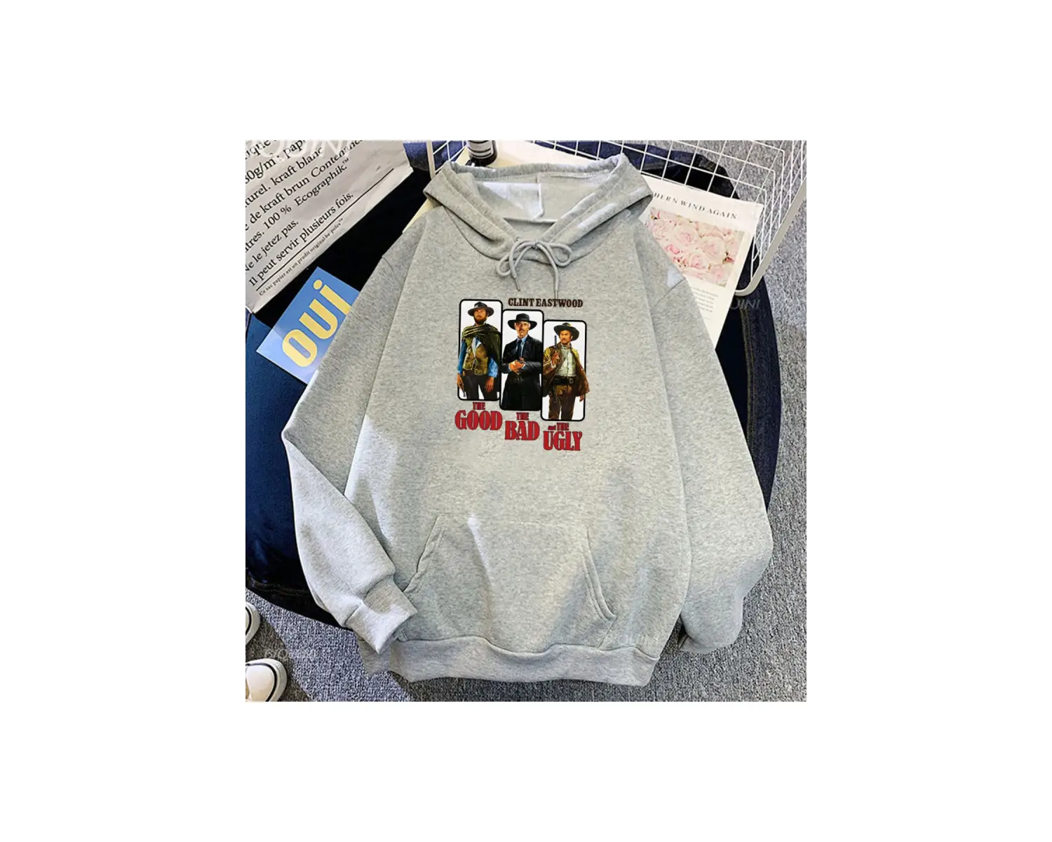 Beyaz Unisex Streetwear grafik TV iyi kötü ve çirkin baskı kapşonlu Casual er