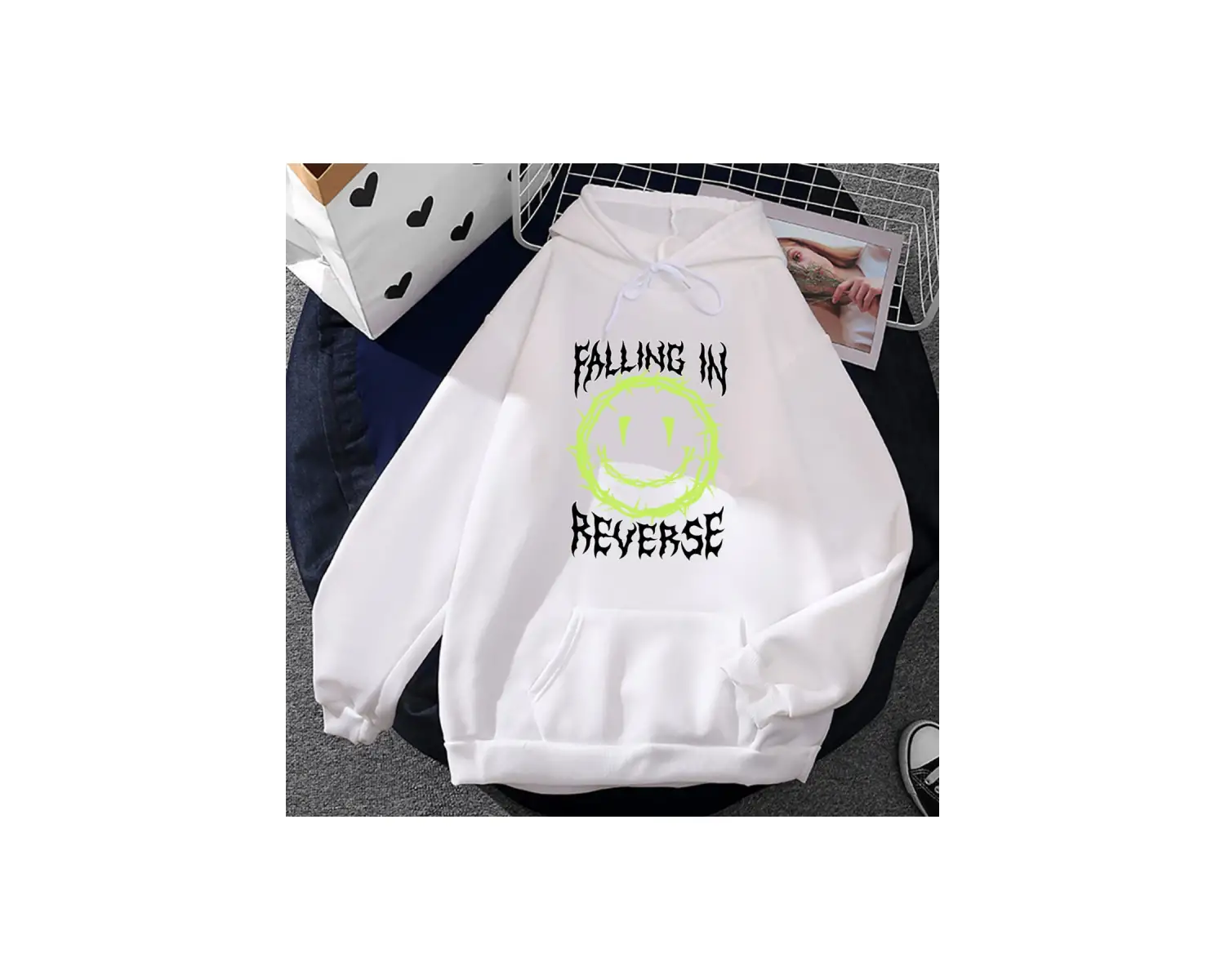 Beyaz Unisex Ters Düşen Popüler Monstour Kapüşonlular Sokak Şıklığı Ağır Zihinsel Moda Komi