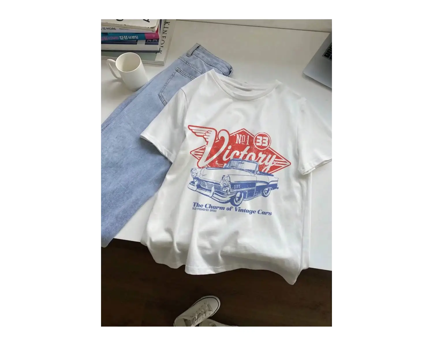 Beyaz Vintage Arabaların Cazibesi Zafer Baskı sıfır yaka bluzlar Yaz Sokak