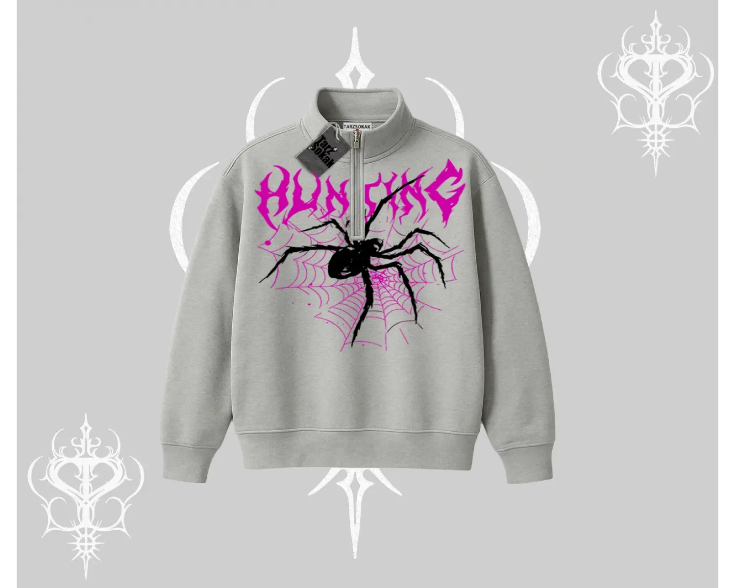 Beyaz Yarım Fermuarlı Sweatshirt Autumn Spider