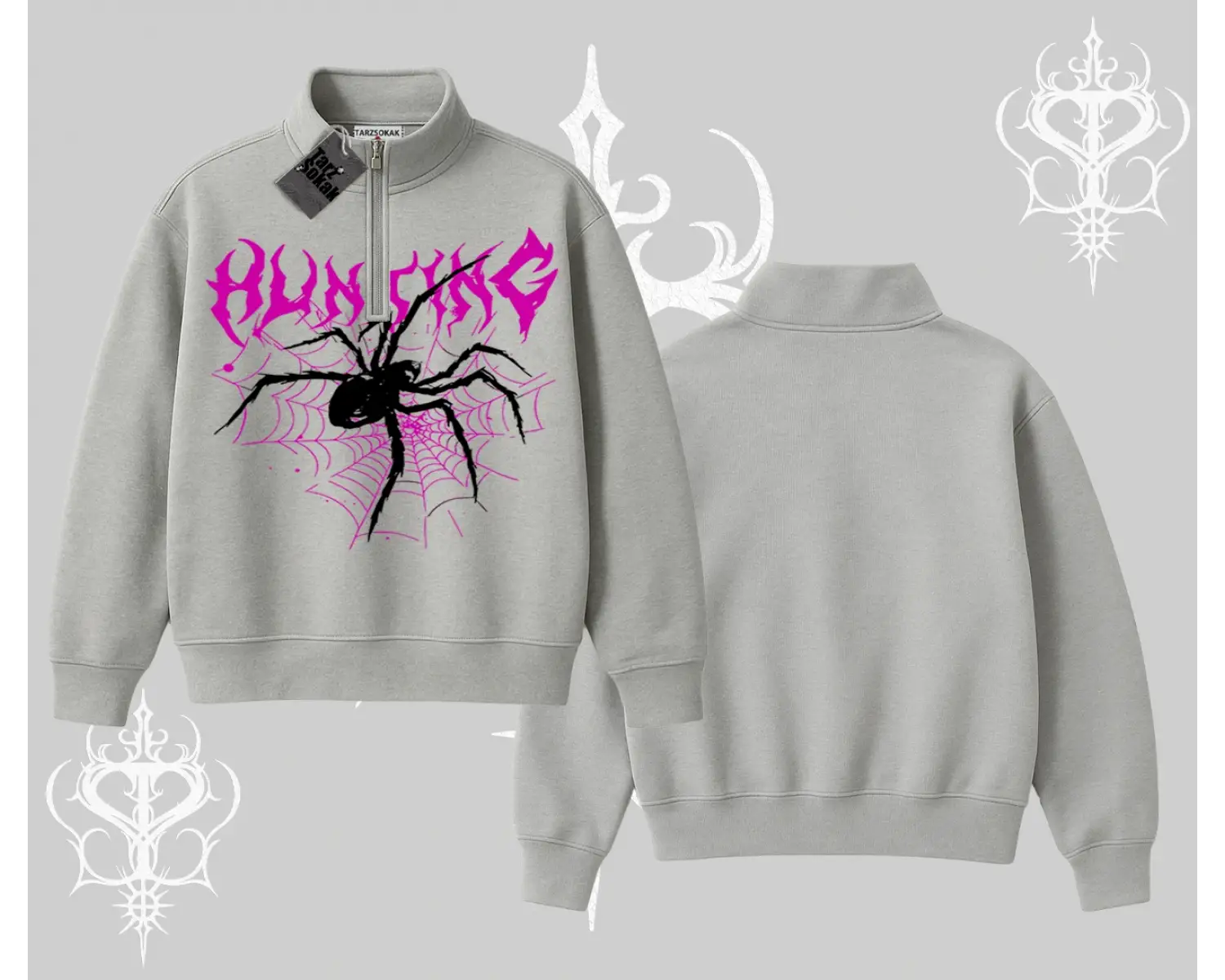 Beyaz Yarım Fermuarlı Sweatshirt Autumn Spider