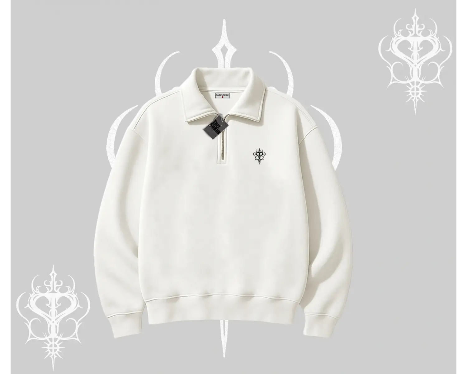 Beyaz Yarım Fermuarlı Sweatshirt Özel logolu