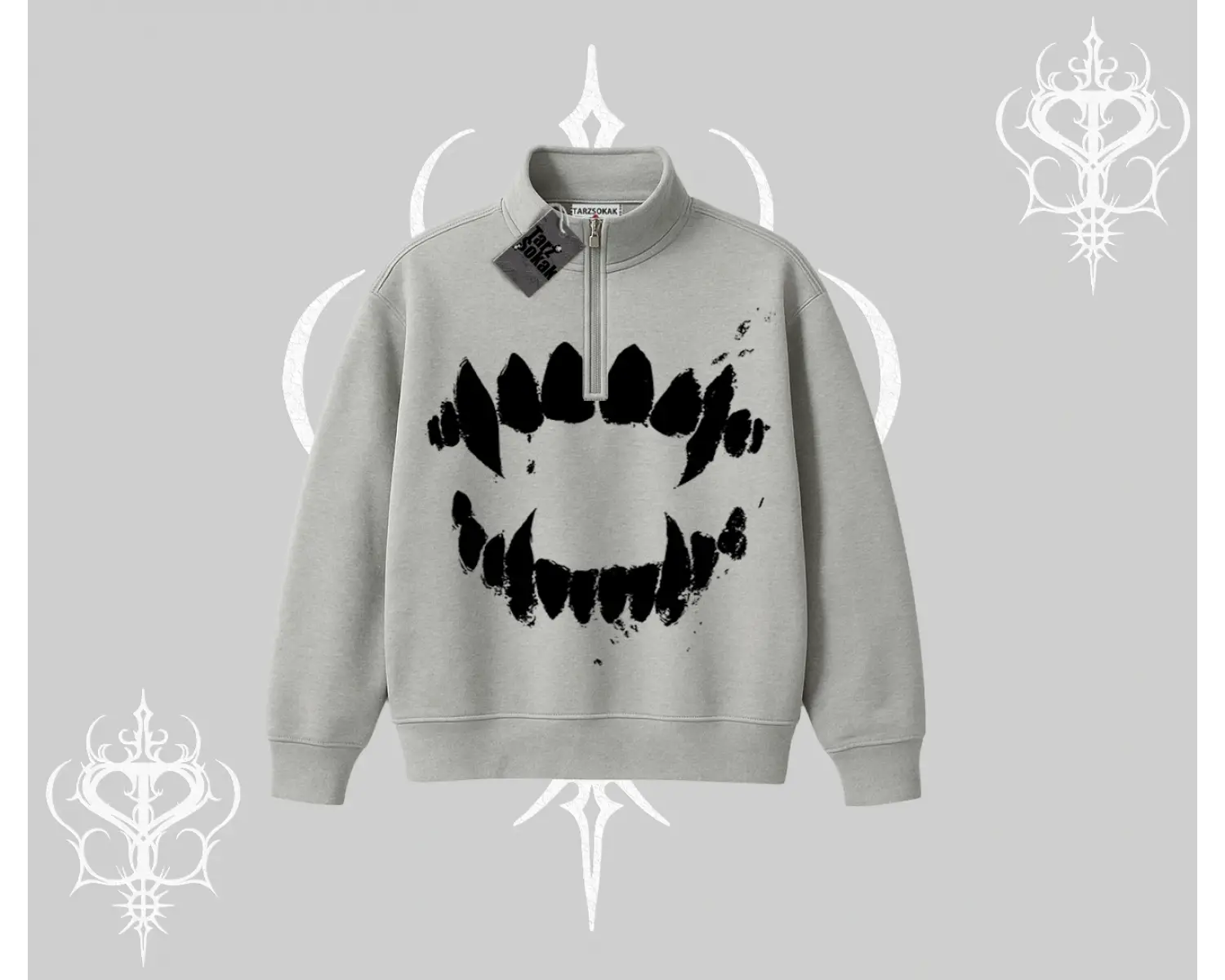 Beyaz Yarım Fermuarlı Sweatshirt Vampir Dış