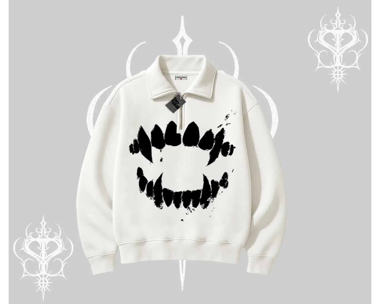 Beyaz Yarım Fermuarlı Sweatshirt Vampir Dış