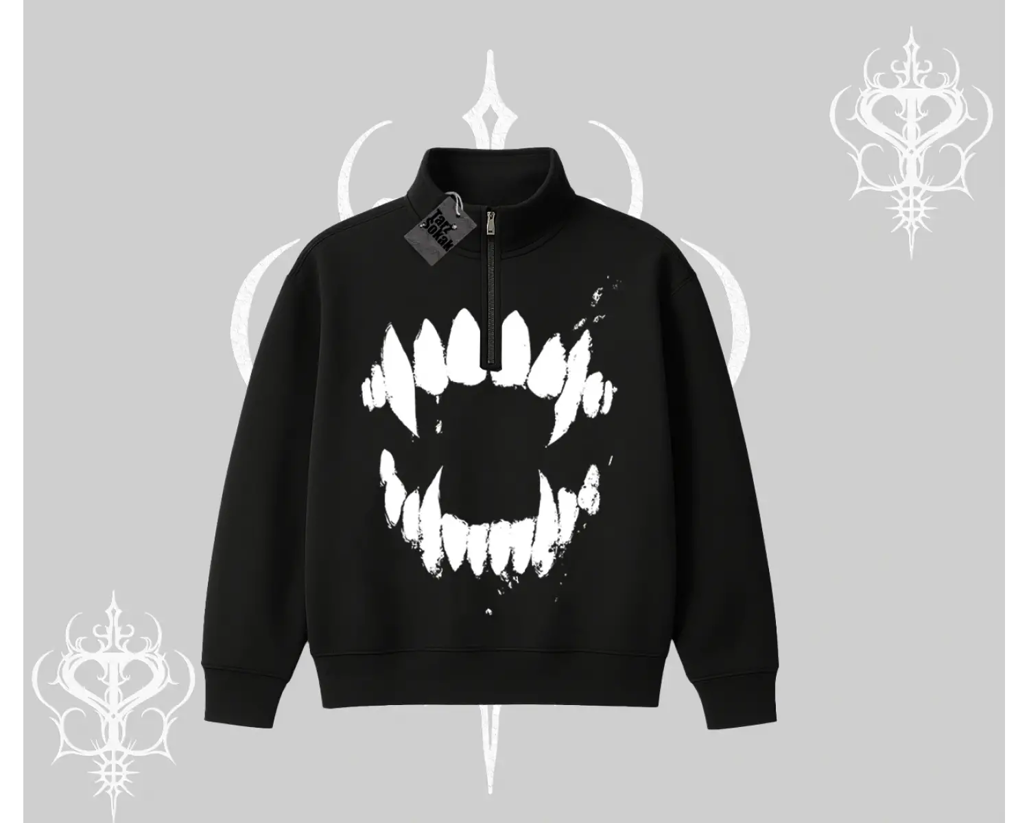 Beyaz Yarım Fermuarlı Sweatshirt Vampir Dış