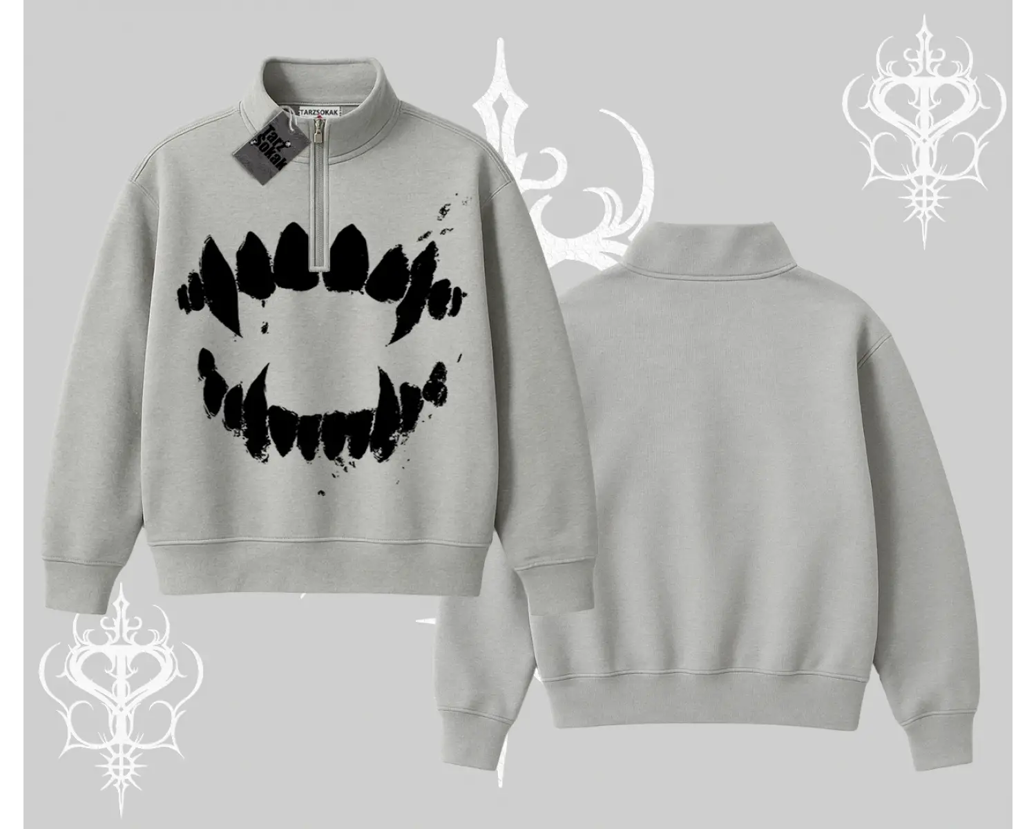 Beyaz Yarım Fermuarlı Sweatshirt Vampir Dış