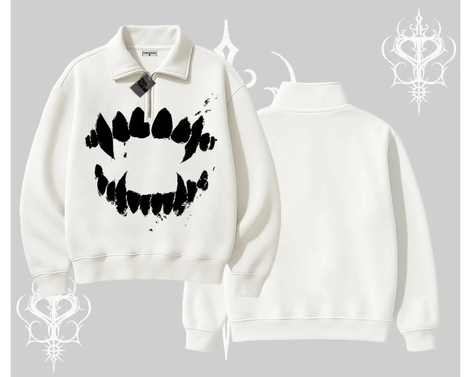 Beyaz Yarım Fermuarlı Sweatshirt Vampir Dış