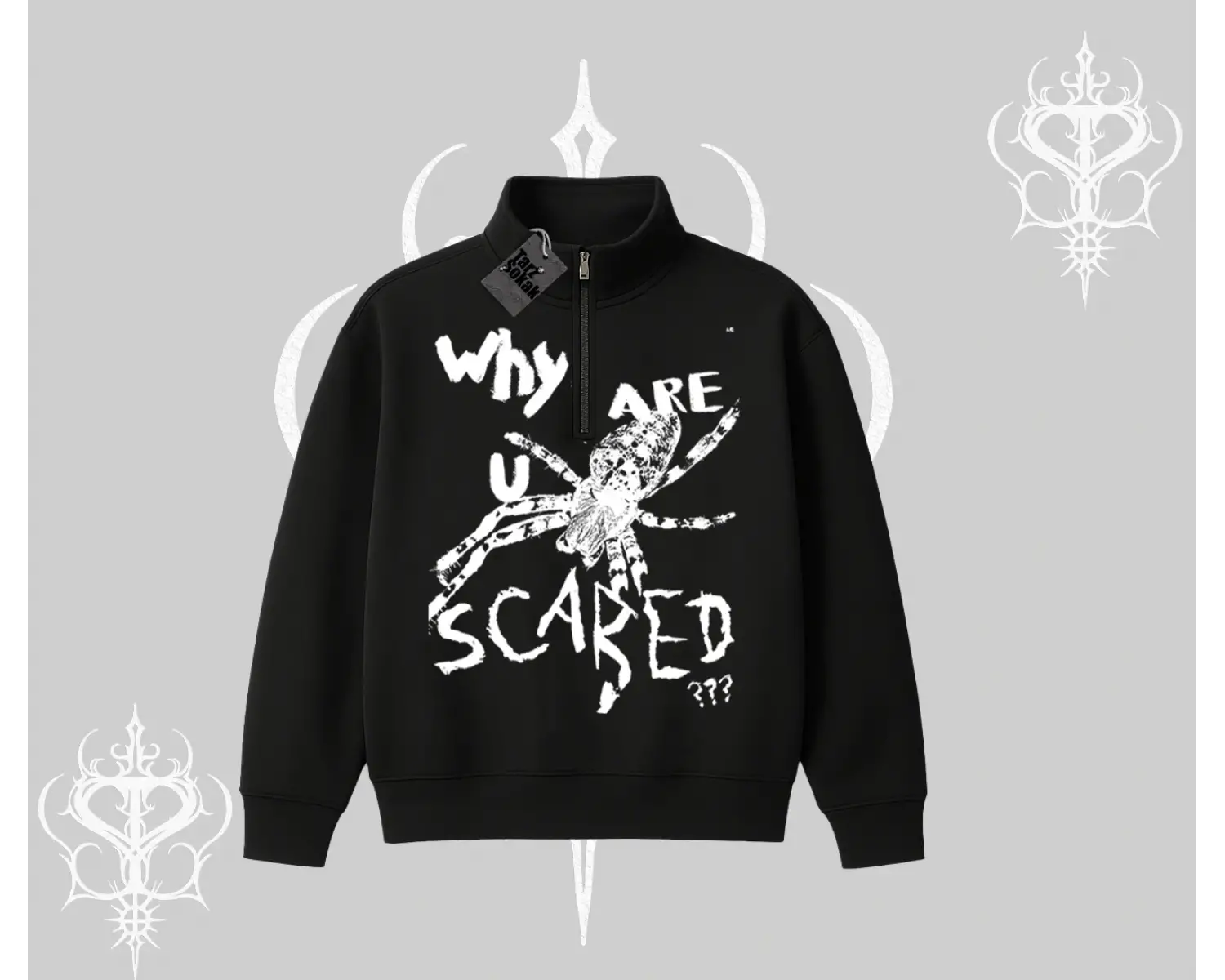 Beyaz Yarım Fermuarlı Sweatshirt Why are u Scared
