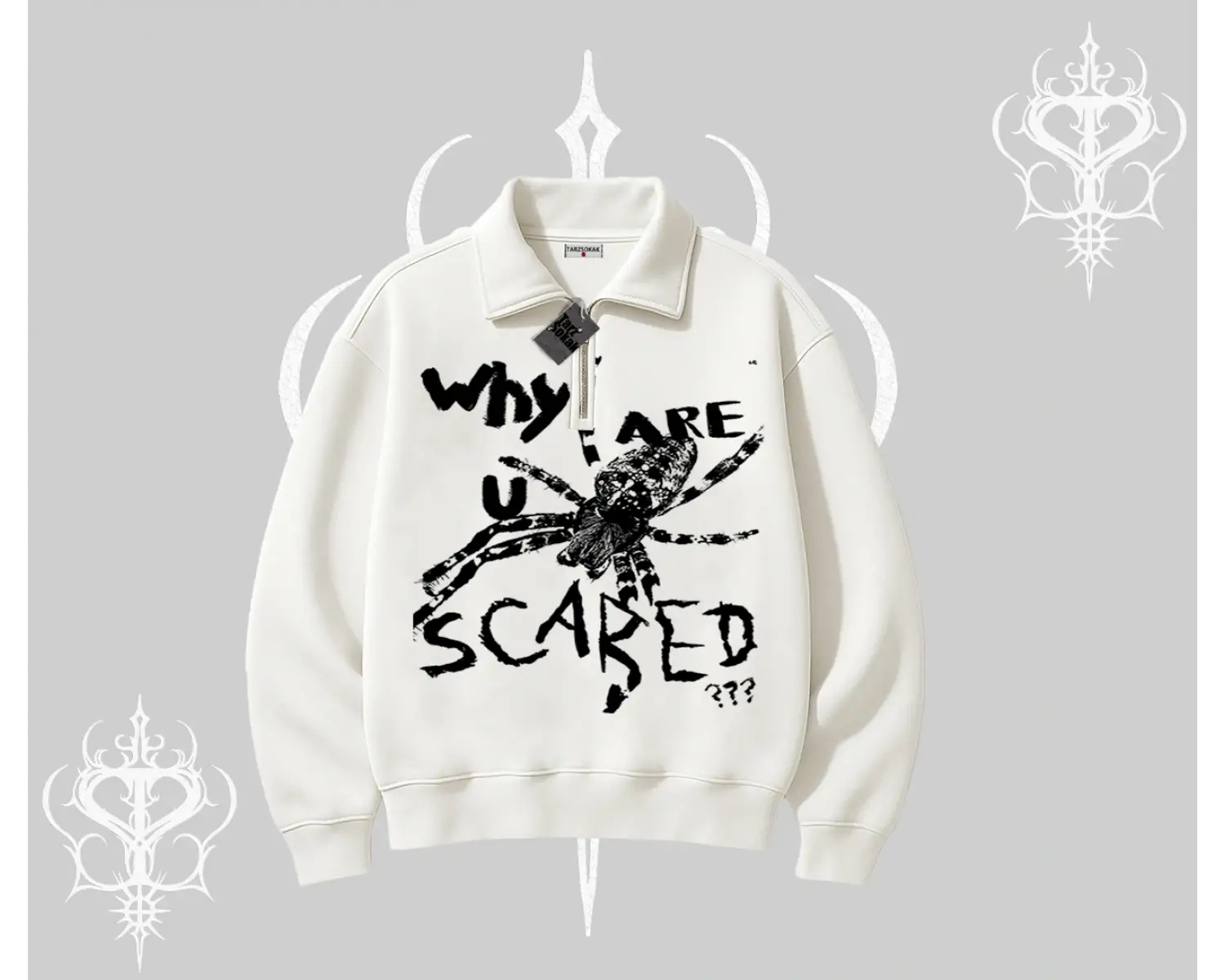Beyaz Yarım Fermuarlı Sweatshirt Why are u Scared