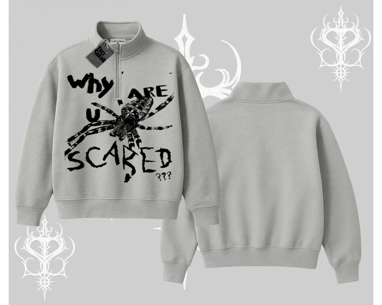 Beyaz Yarım Fermuarlı Sweatshirt Why are u Scared