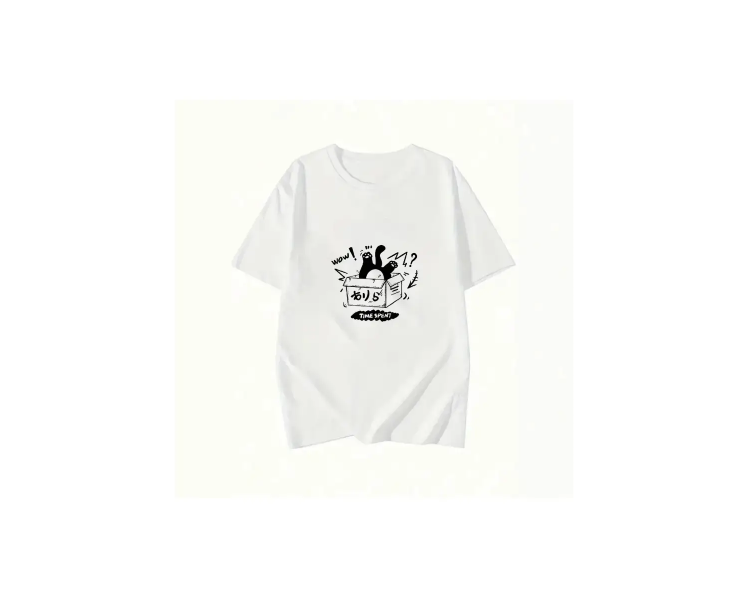 Beyaz Yavru Kedi Balık Tutuyor Karikatür Baskı Gevşek O-Boyun Yumuşak Kısa Ko