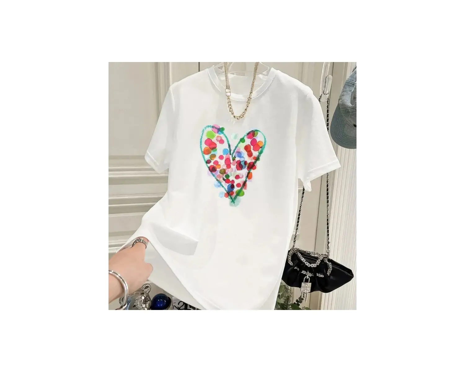 Beyaz Yaz El-Boyalı Puantiyeli Baskı Saf O-Boyun En Tees Gevşek