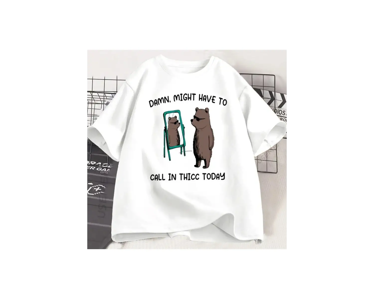 Beyaz Yaz Hayvan Ayı Baskı Temel Saf O-Boyun Üst Tee Ofis an