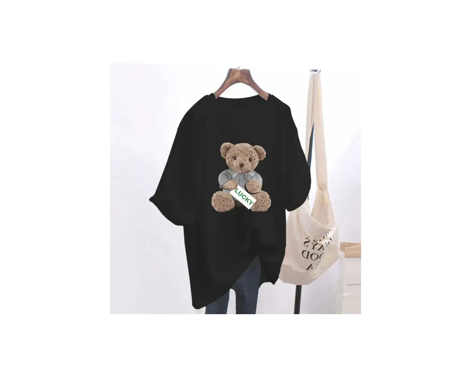 Beyaz Yaz Hayvan Ayı Baskı Temel Saf O-Boyun Üst Tee Ofis an