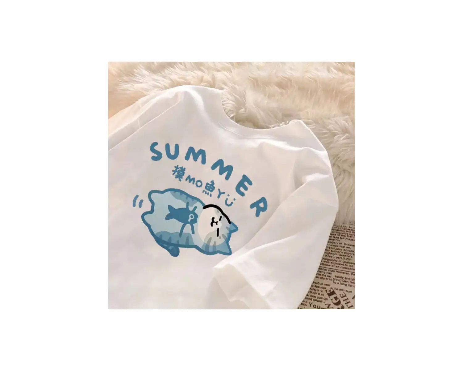 Beyaz Yaz Japon Karikatür Retro Trend Eğlenceli Sevimli Balık Uyku Yavru Baskı Çift Gevşe