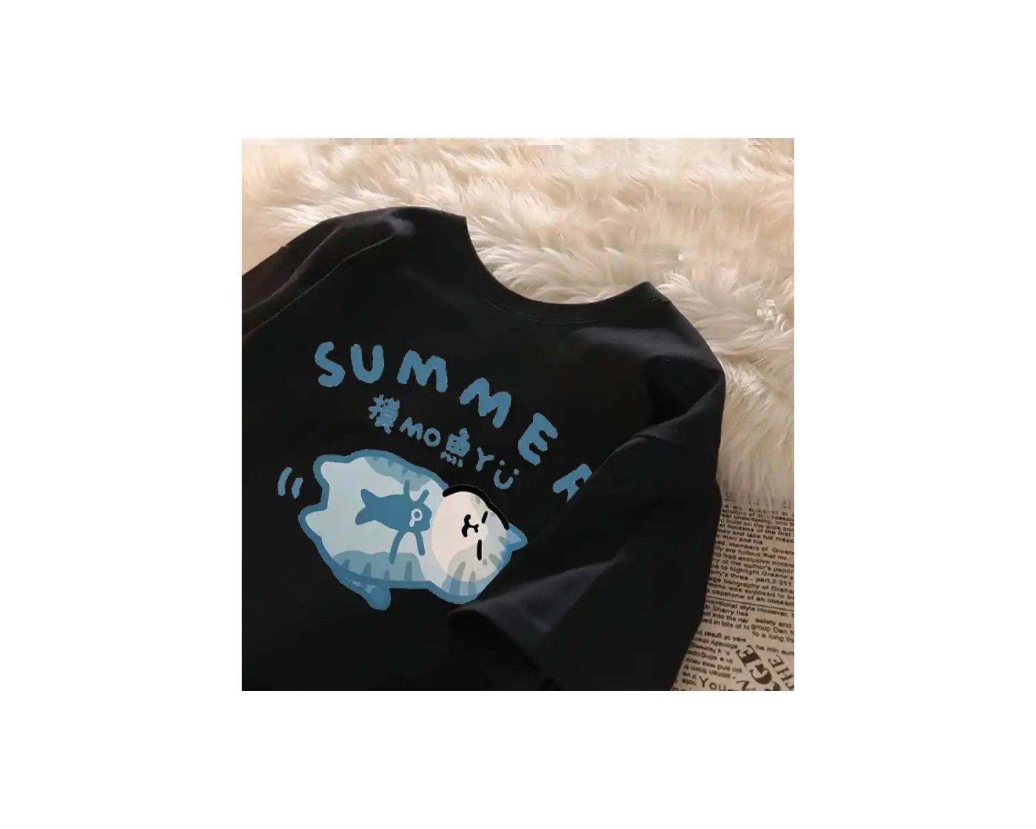 Beyaz Yaz Japon Karikatür Retro Trend Eğlenceli Sevimli Balık Uyku Yavru Baskı Çift Gevşe