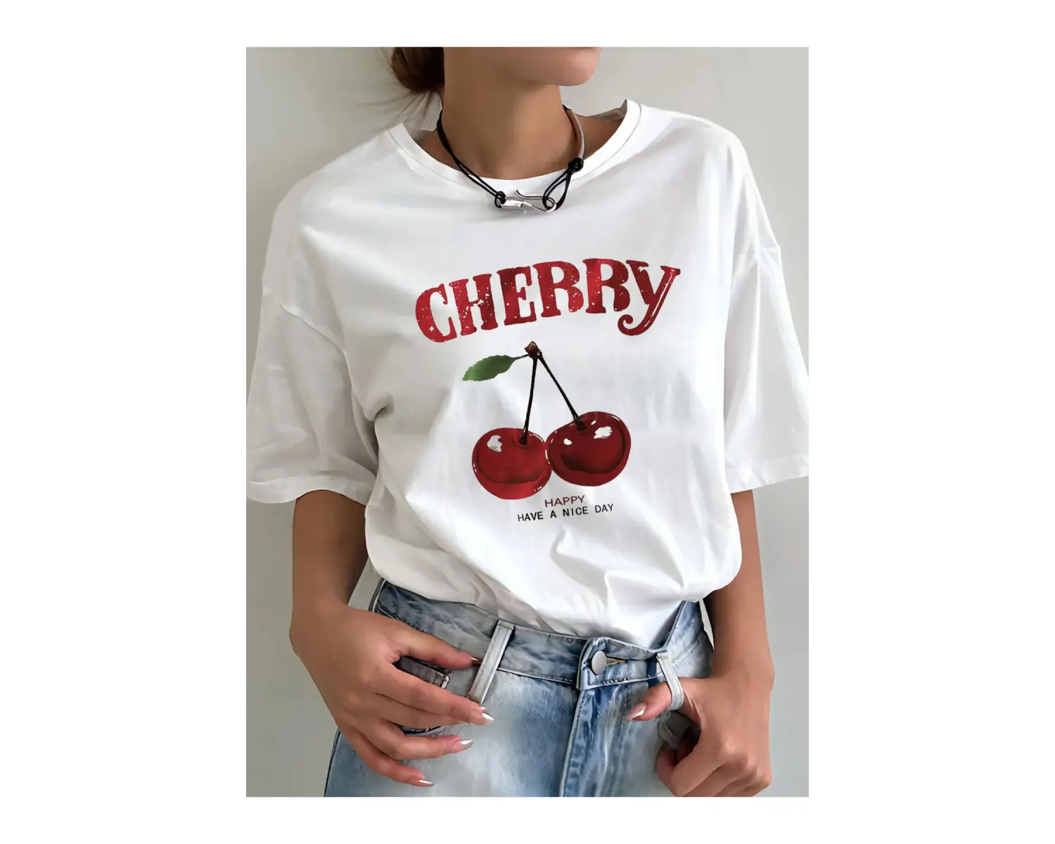 Beyaz Yaz Kiraz Baskı Günlük Beyaz Çok Yönlü Gevşek Yuvarlak Yaka