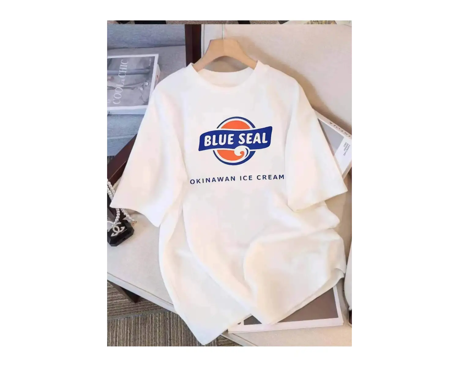 Beyaz Yaz Mavi Mühür Karikatür Baskı Yuvarlak Boyun Sevimli Y2K Stilleri Ra