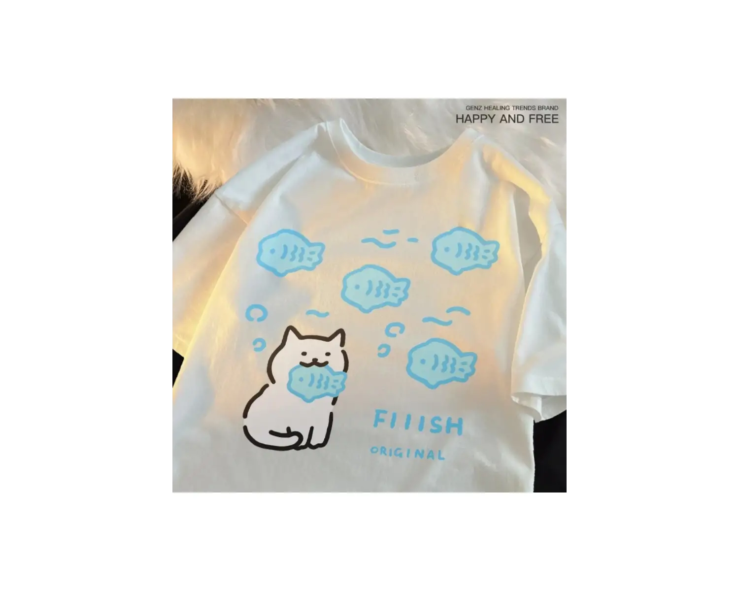 Beyaz Yeme Balık Kedi Küçük Balık Yaz Nefes Eğlence Gevşek Çift Tee Y