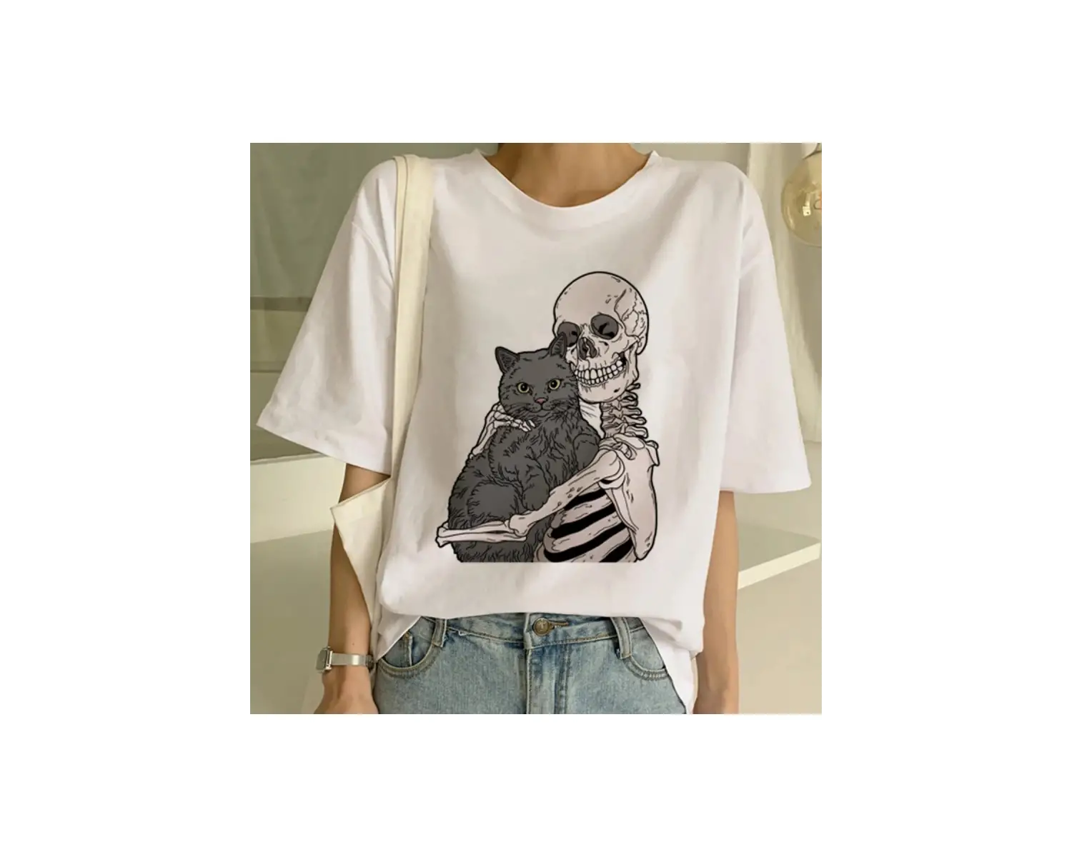 Beyaz Yeni Sevimli Kedi Komik Karikatür Baskı Tshirt Harajuku Kawaii T-shi