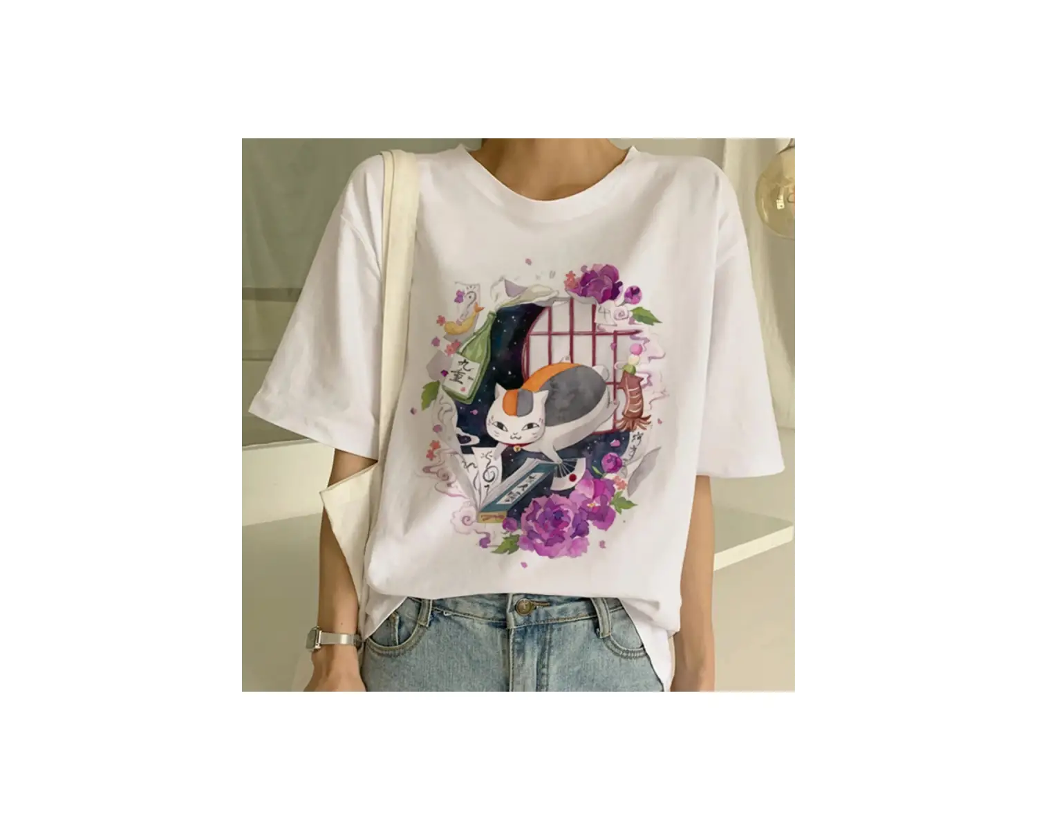 Beyaz Yeni Sevimli Kedi Komik Karikatür Baskı Tshirt Harajuku Kawaii T-shi