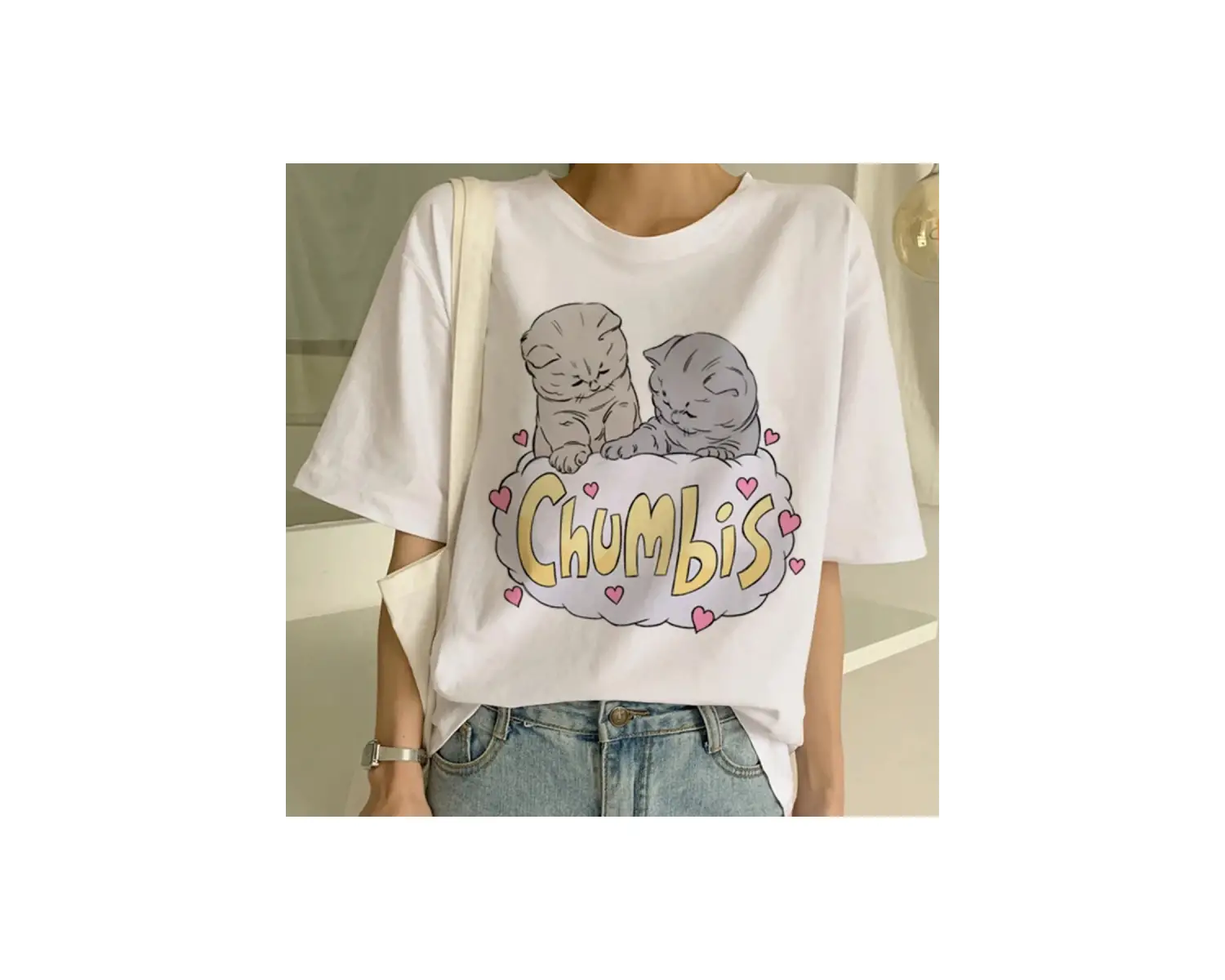 Beyaz Yeni Sevimli Kedi Komik Karikatür Baskı Tshirt Harajuku Kawaii T-shi