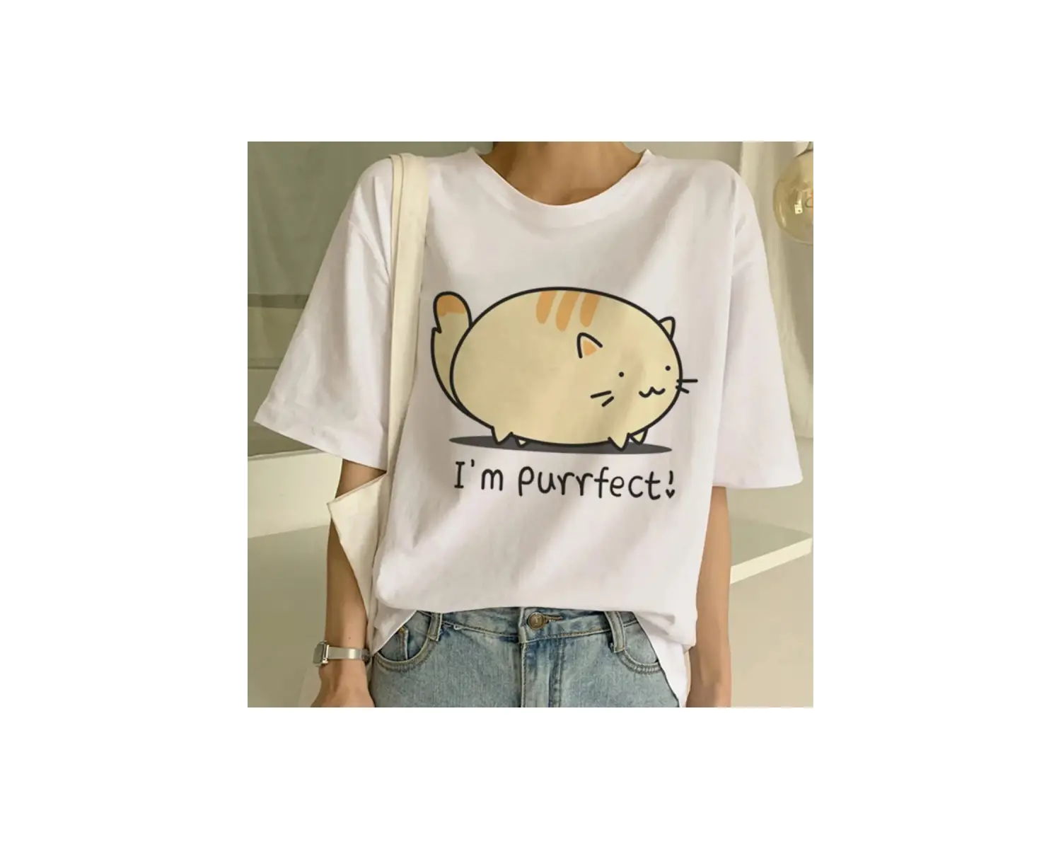 Beyaz Yeni Sevimli Kedi Komik Karikatür Baskı Tshirt Harajuku Kawaii T-shi