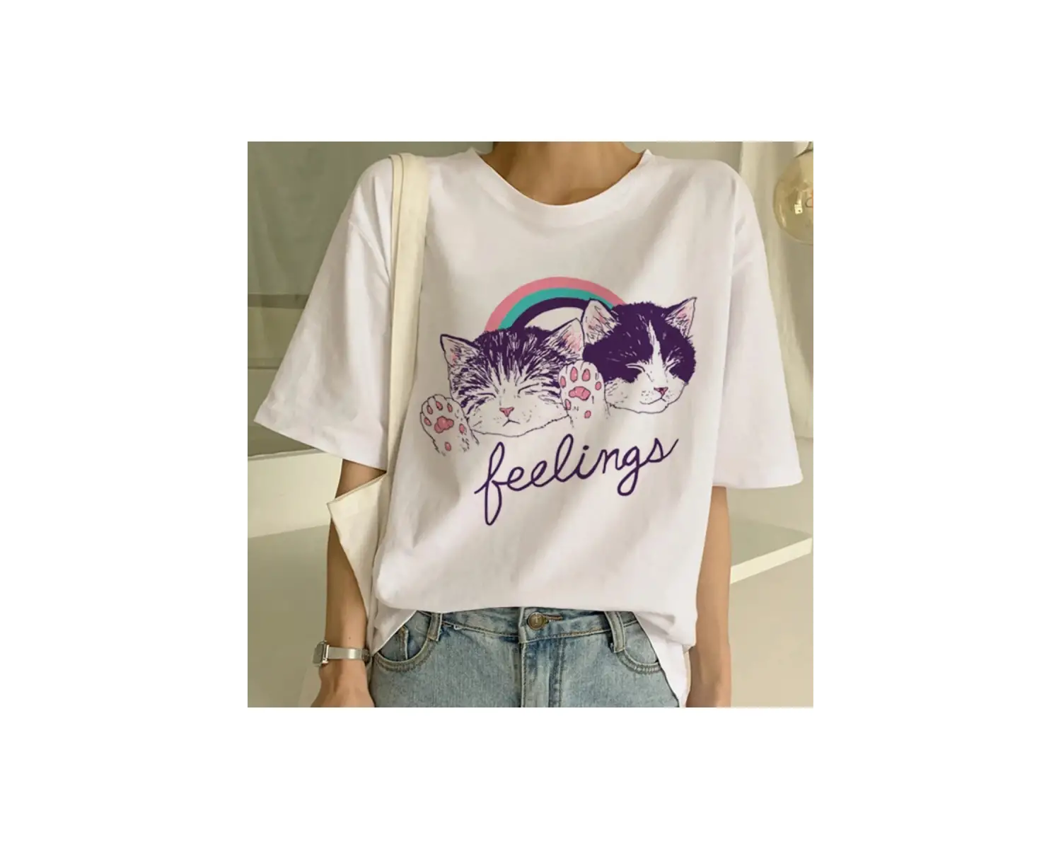 Beyaz Yeni Sevimli Kedi Komik Karikatür Baskı Tshirt Harajuku Kawaii T-shi