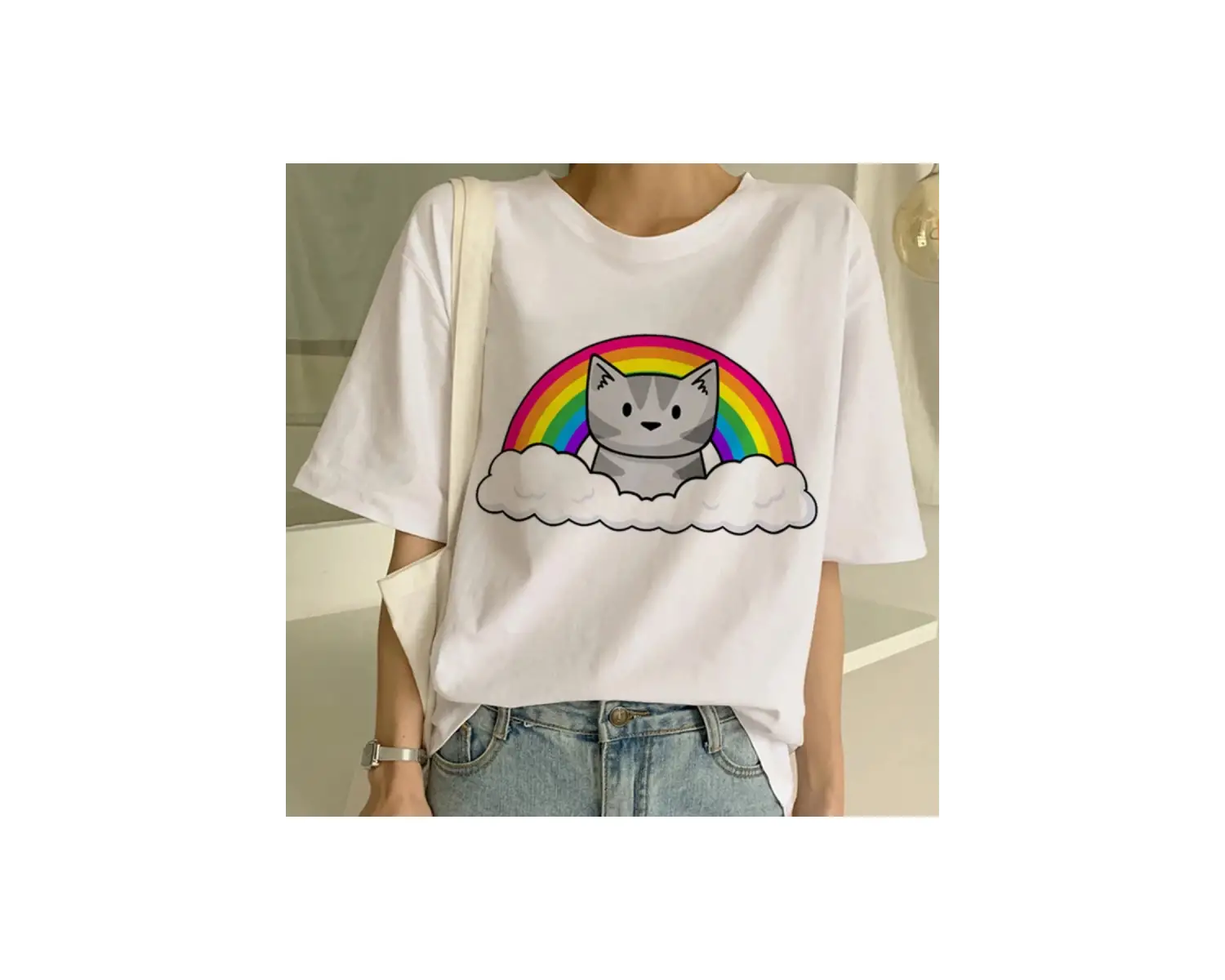 Beyaz Yeni Sevimli Kedi Komik Karikatür Baskı Tshirt Harajuku Kawaii T-shi