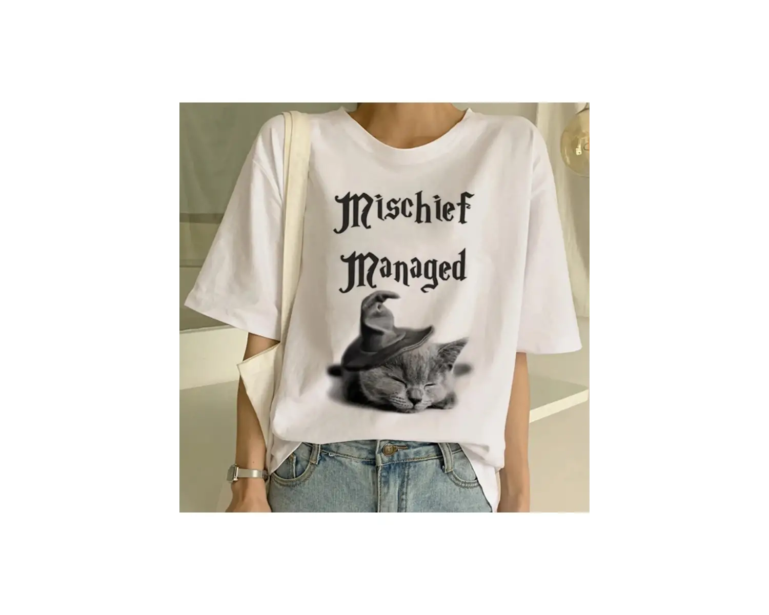 Beyaz Yeni Sevimli Kedi Komik Karikatür Baskı Tshirt Harajuku Kawaii T-shi