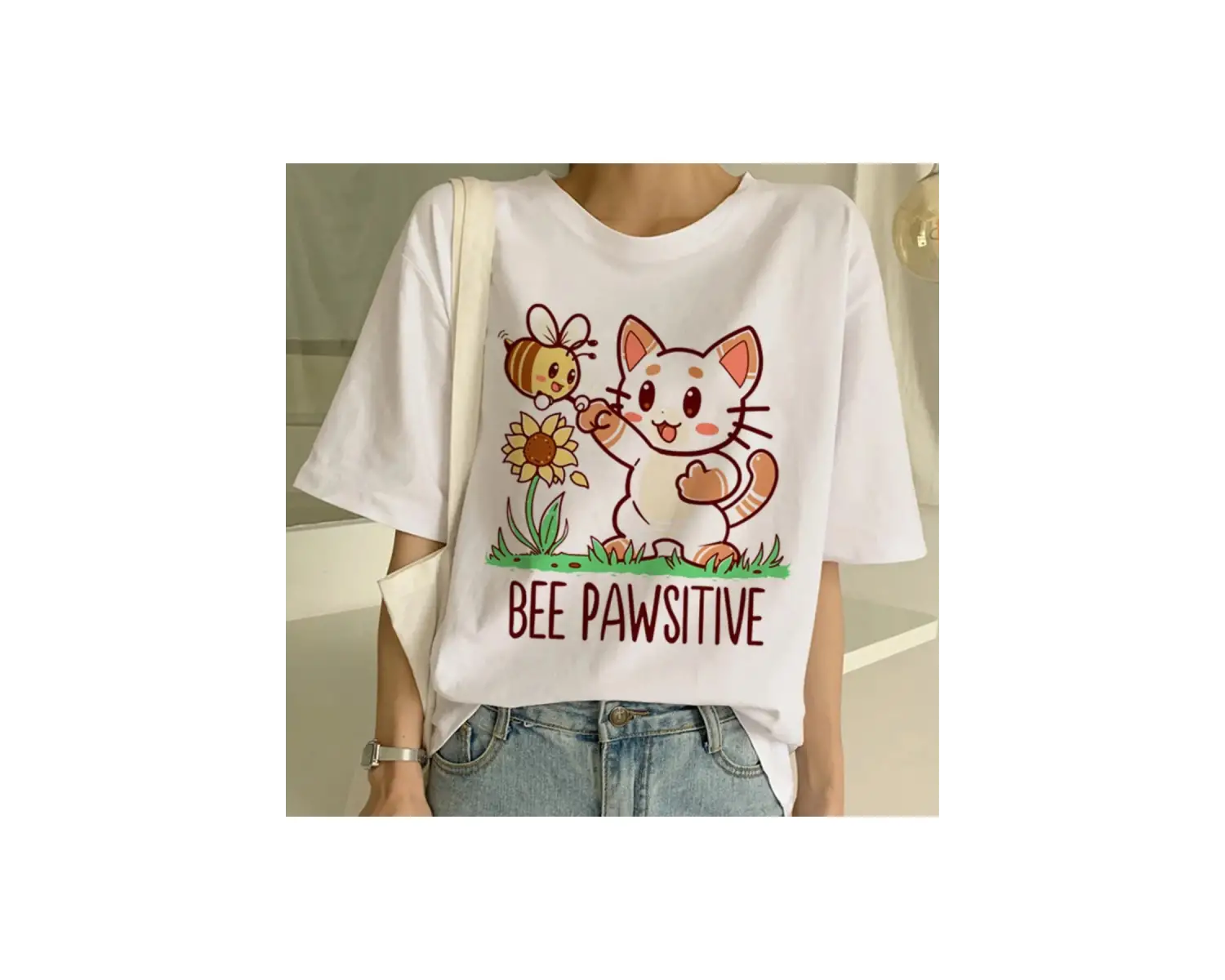 Beyaz Yeni Sevimli Kedi Komik Karikatür Baskı Tshirt Harajuku Kawaii T-shi