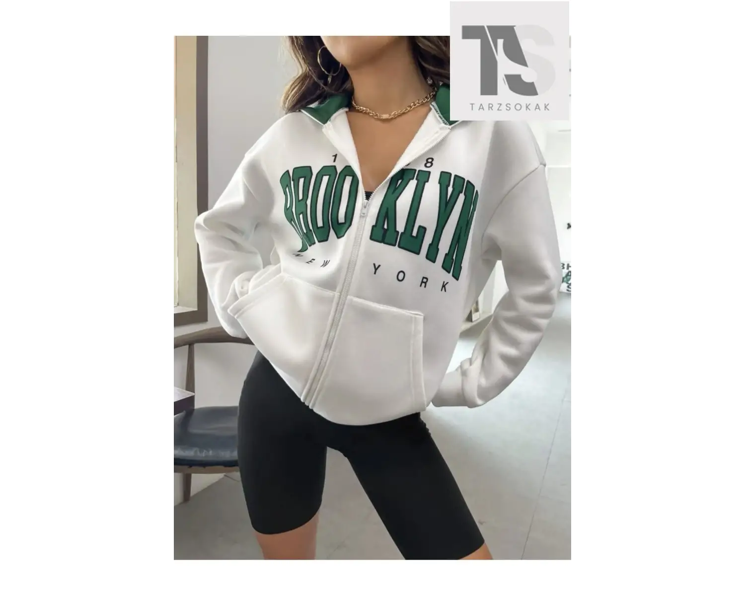 Beyaz Yeşil Kapüşonlu Fermuarli Brooklyn Oversize