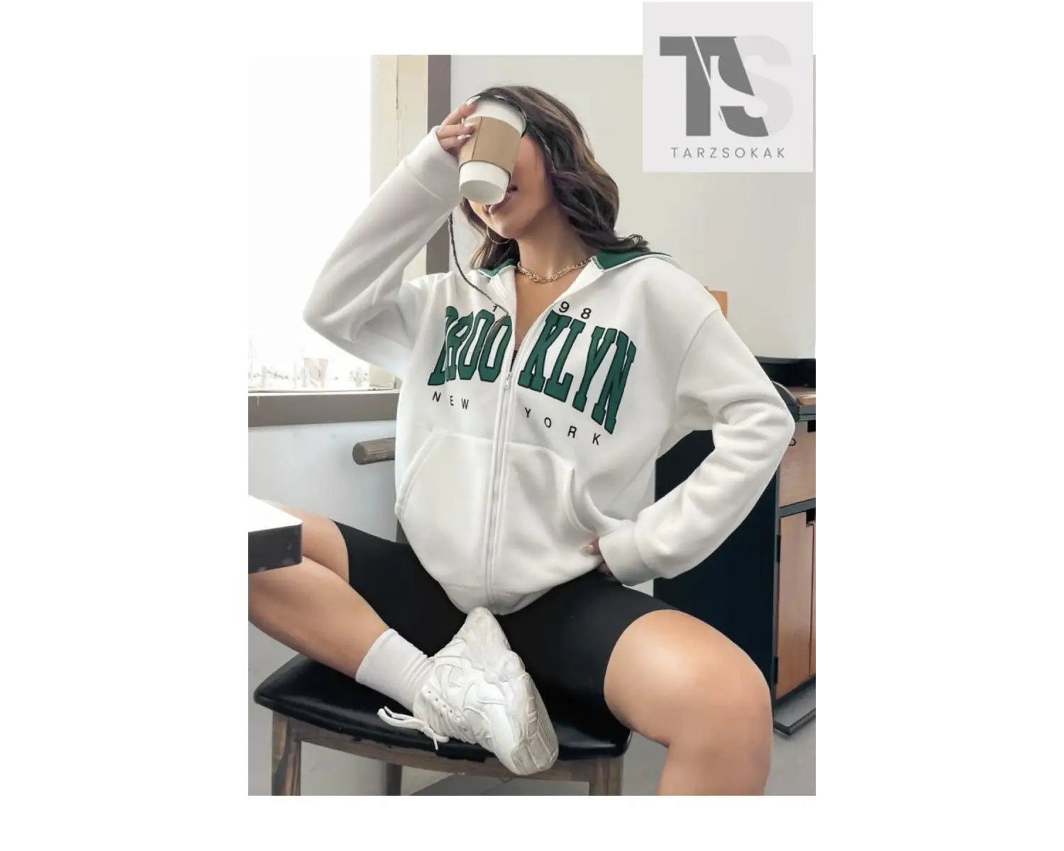 Beyaz Yeşil Kapüşonlu Fermuarli Brooklyn Oversize