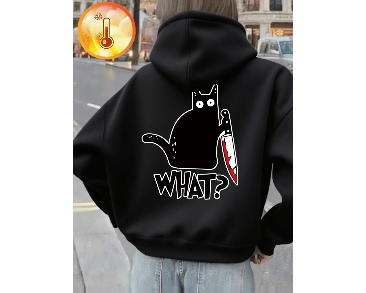 Bıçak Tutan Siyah Kedi Baskılı Kadınlar İçin Rahat Bol Sweatshirt Polar Sıcak Yumuşak Kazak G