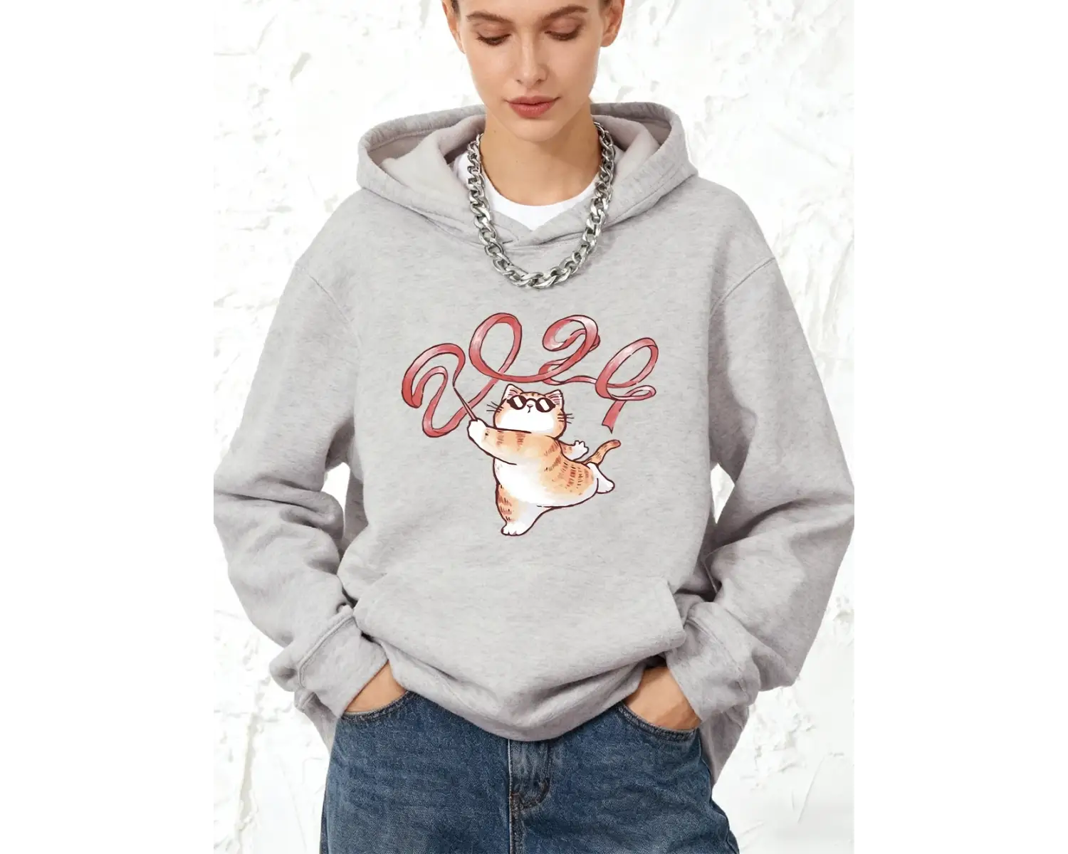 Bir Kedi Kurdele Çıkarıyor 2024 Baskılı Kapüşonlu Üstler Pamuklu Kadın Kışlık Polar Sıcak Kaz