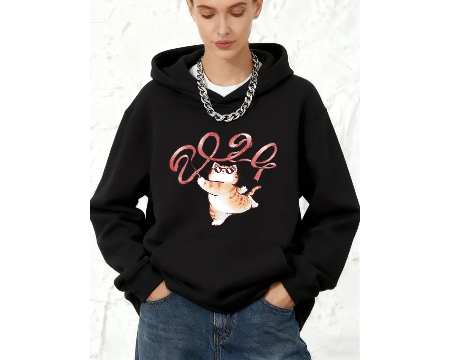 Bir Kedi Kurdele Çıkarıyor 2024 Baskılı Kapüşonlu Üstler Pamuklu Kadın Kışlık Polar Sıcak Kaz